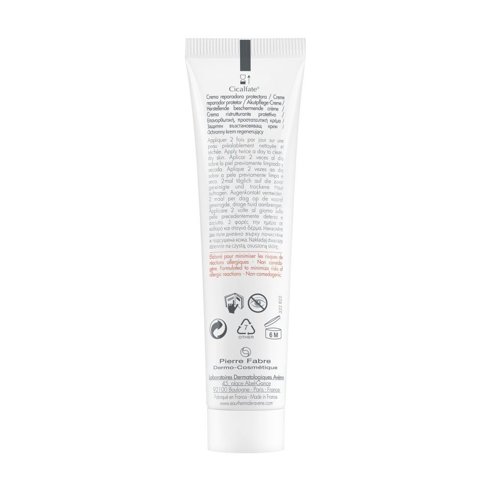 Dos du tube de crème Avène Cicalfate+. Texte et symboles. Pour peaux sensibles.