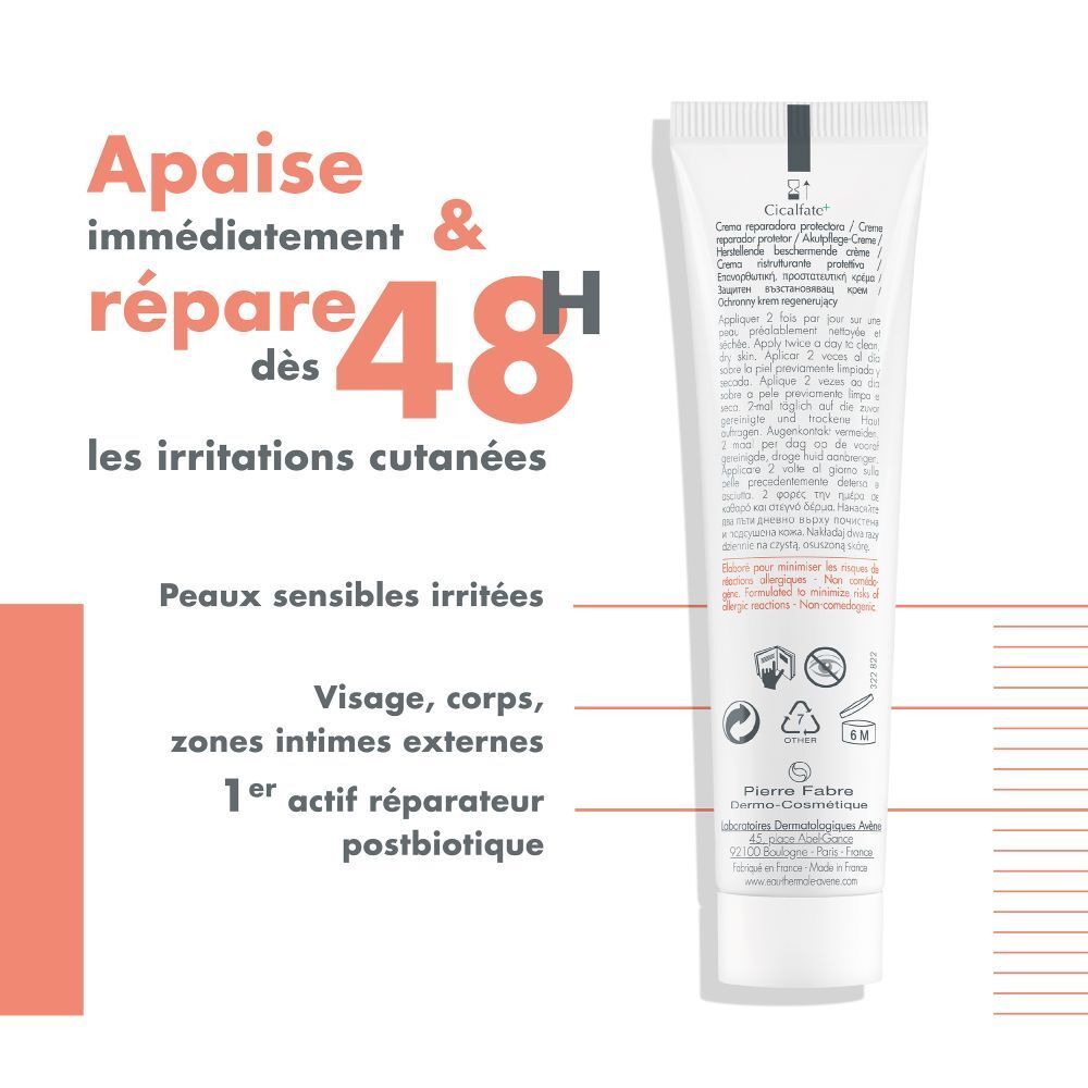 Texte sur tube crème Avène Cicalfate+. Inscription : 'Répare en 48h'.