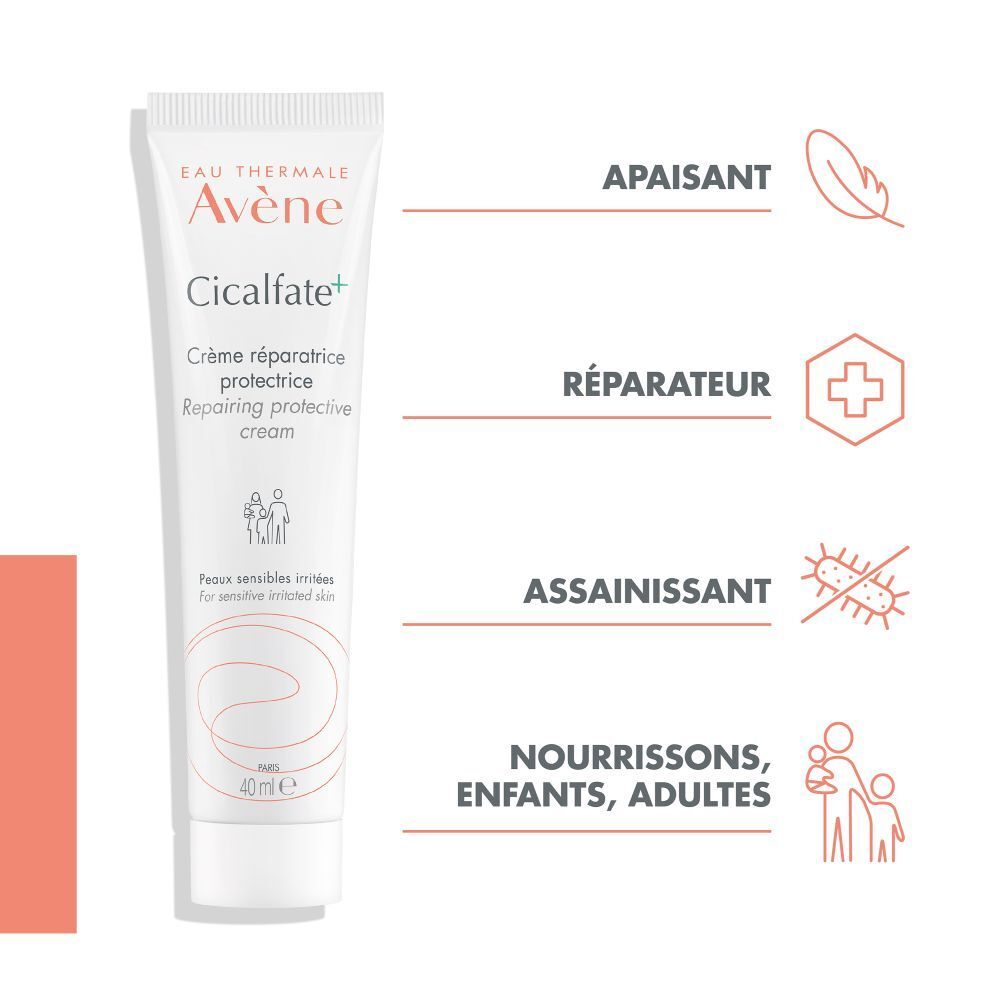 Tube de crème Avène Cicalfate+. Propriétés : apaisant, réparateur, assainissant.