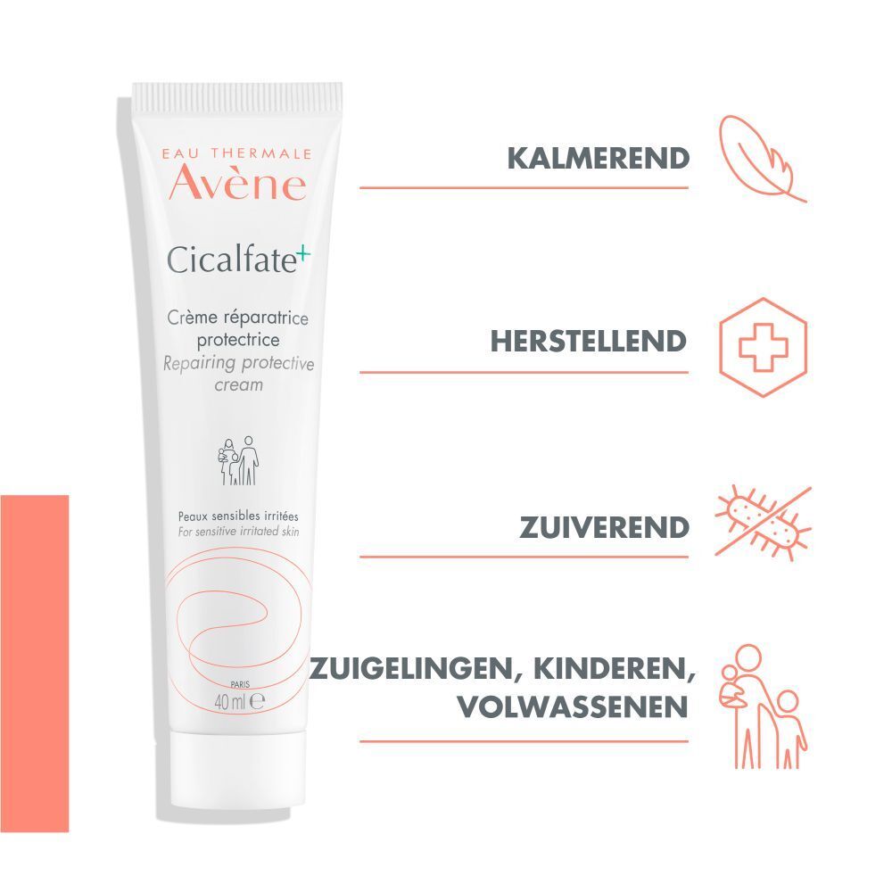 Crèmetube 'Avène Cicalfate+'. Eigenschappen: kalmerend, herstellend, zuiverend.