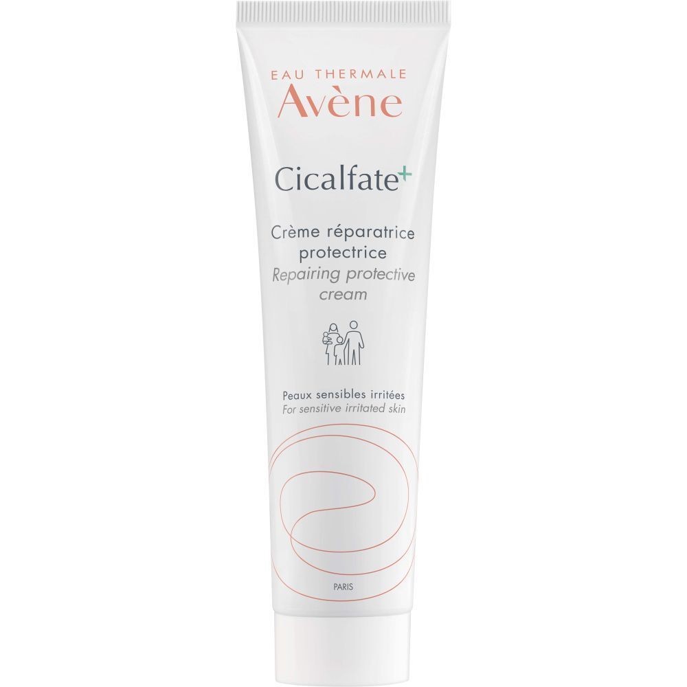 Crèmetube met Cicalfate+. Tekst: Crème réparatrice protectrice. Voor gevoelige, geïrriteerde huid.