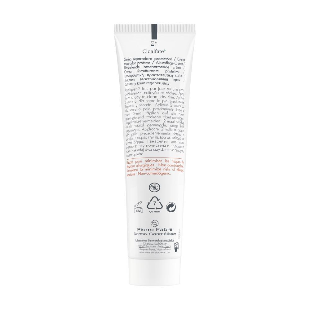 Tube de crème Cicalfate+. Texte en français. Verso avec informations et symboles.