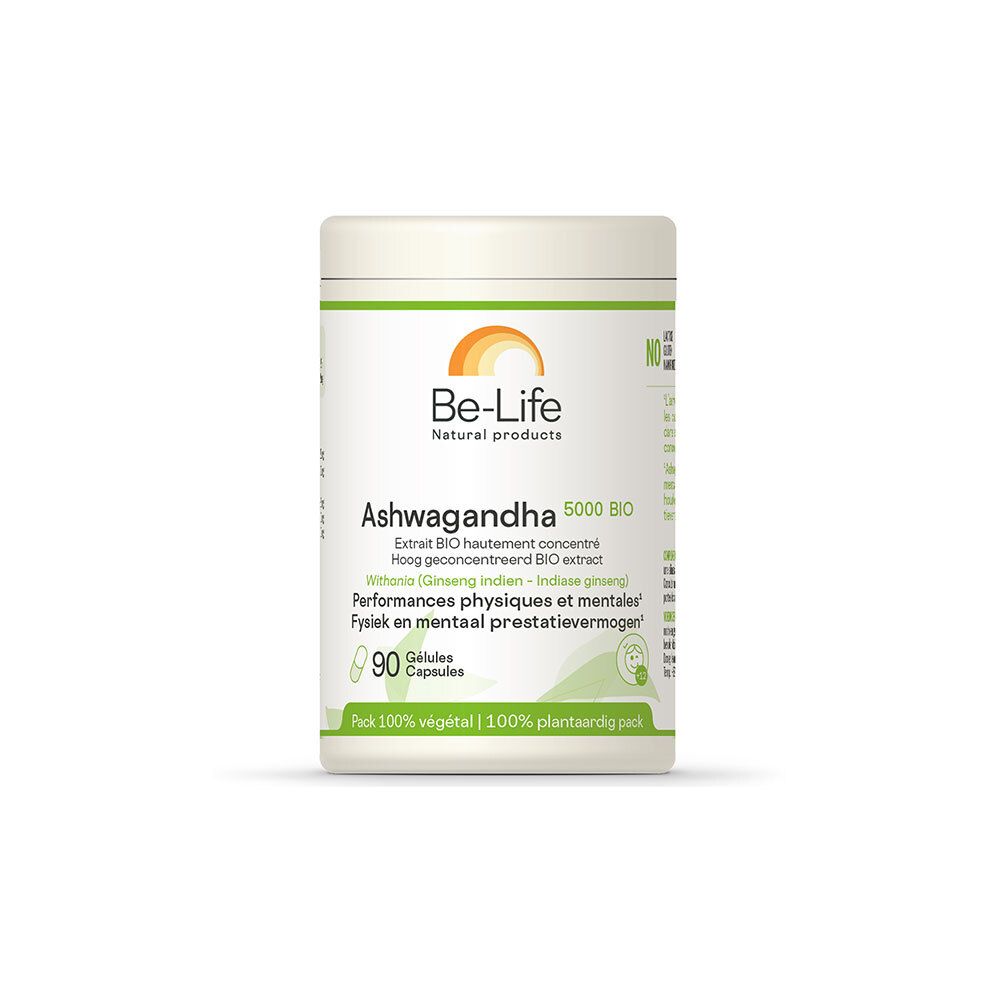 Be-Life Ashwagandha 5000 BIO. Flacon de 90 gélules. Étiquette verte et blanche avec informations. Vegan.