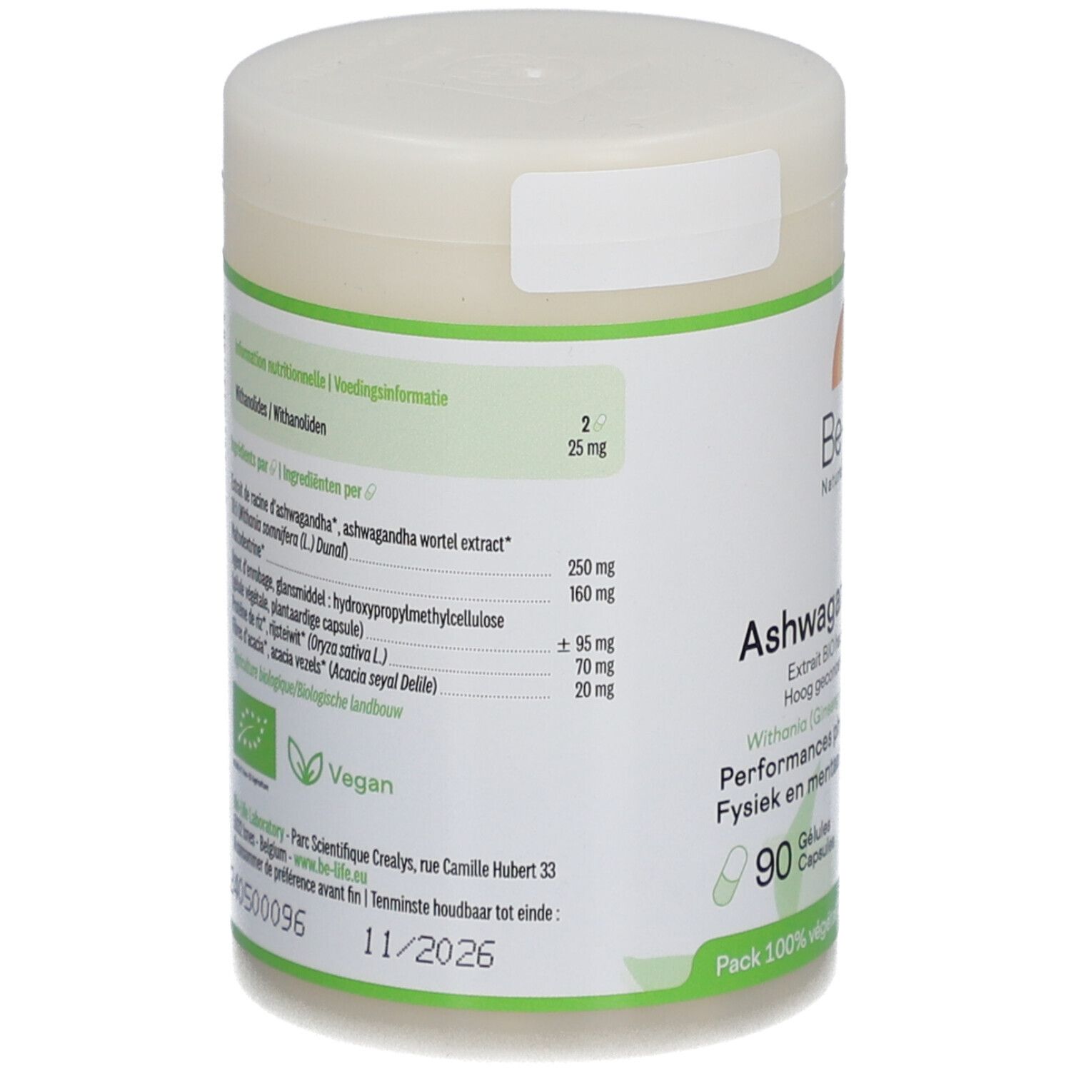 Be-Life Ashwagandha 5000 BIO. Dos du flacon avec ingrédients et informations nutritionnelles. Logo Vegan.