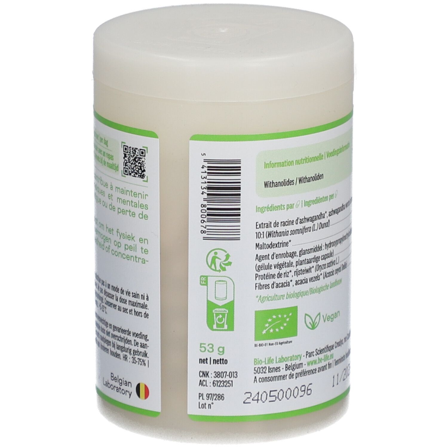 Be-Life Ashwagandha 5000 BIO. Dos du flacon avec ingrédients et informations nutritionnelles. Logo Vegan.