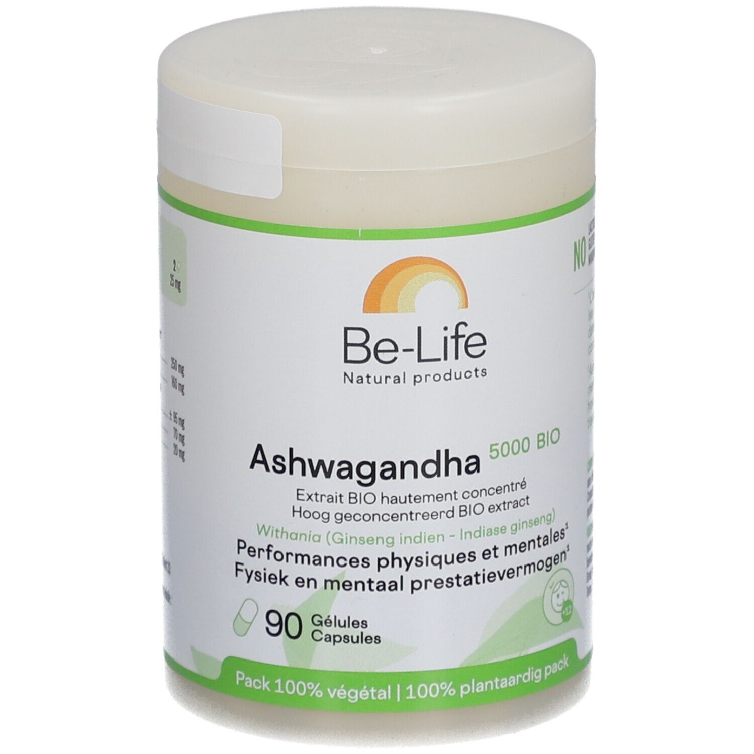 Be-Life Ashwagandha 5000 BIO. Flacon de 90 gélules. Étiquette verte et blanche avec informations. Vegan.