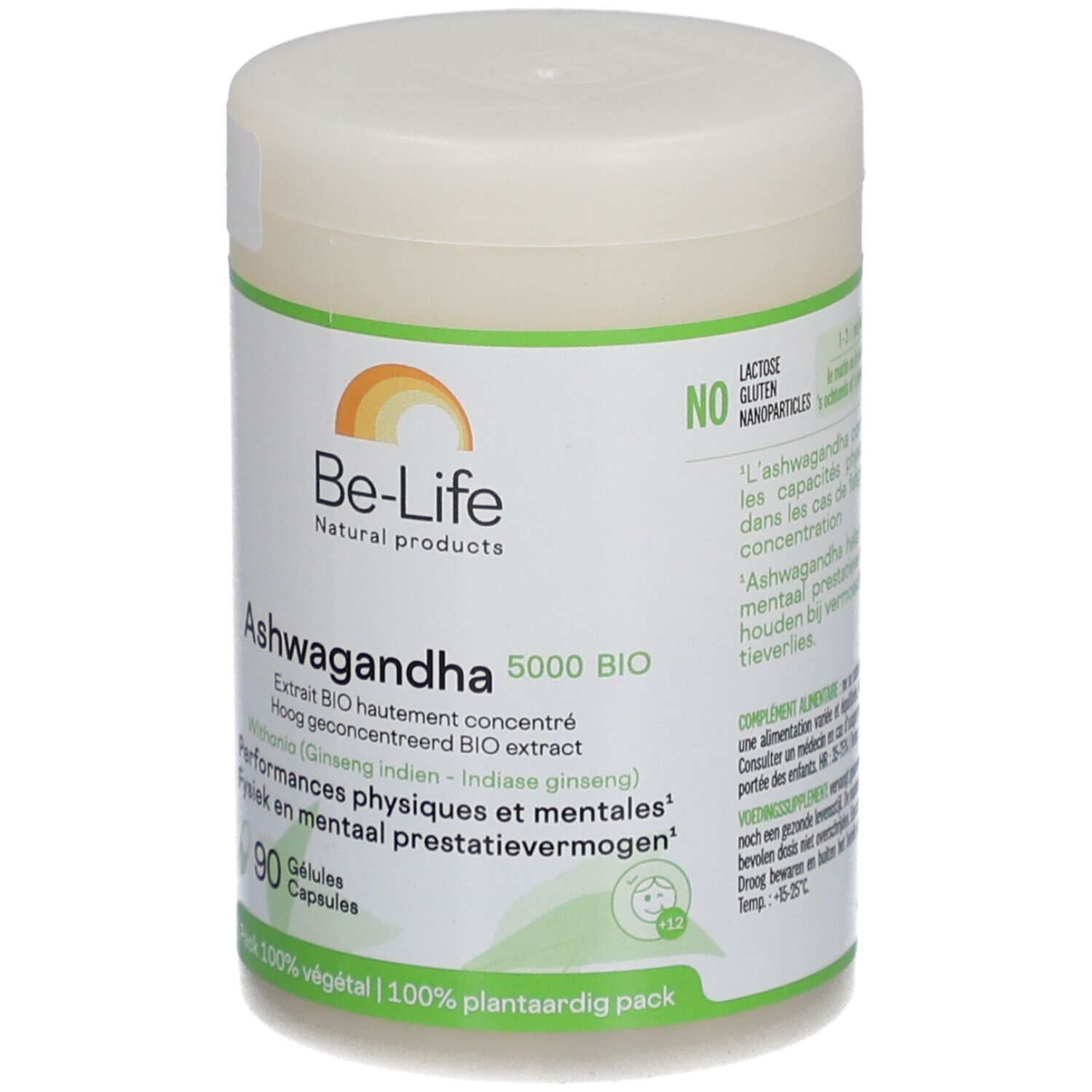 Be-Life Ashwagandha 5000 BIO. Flacon de 90 gélules. Étiquette verte et blanche avec informations. Vegan.