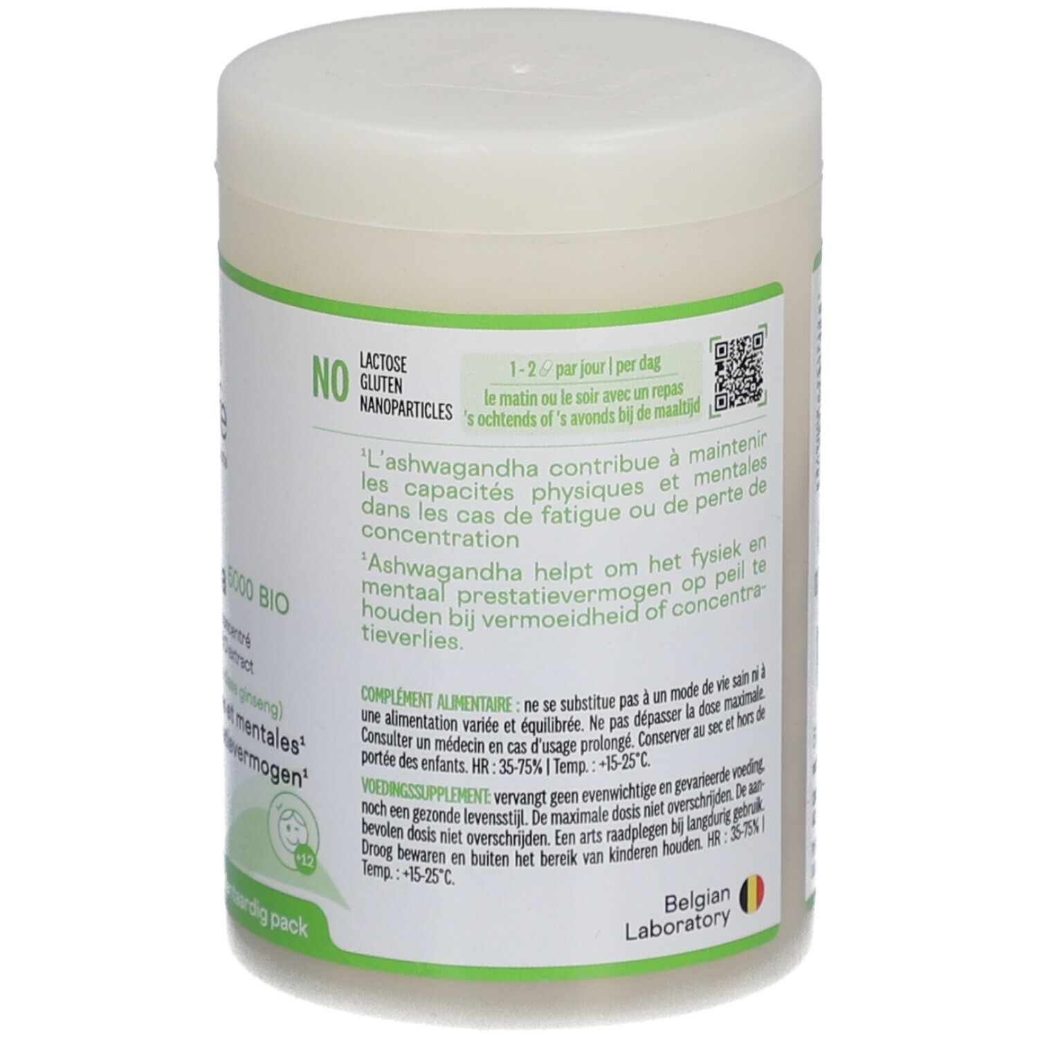 Be-Life Ashwagandha 5000 BIO. Dos du flacon avec ingrédients et informations nutritionnelles. Logo Vegan.