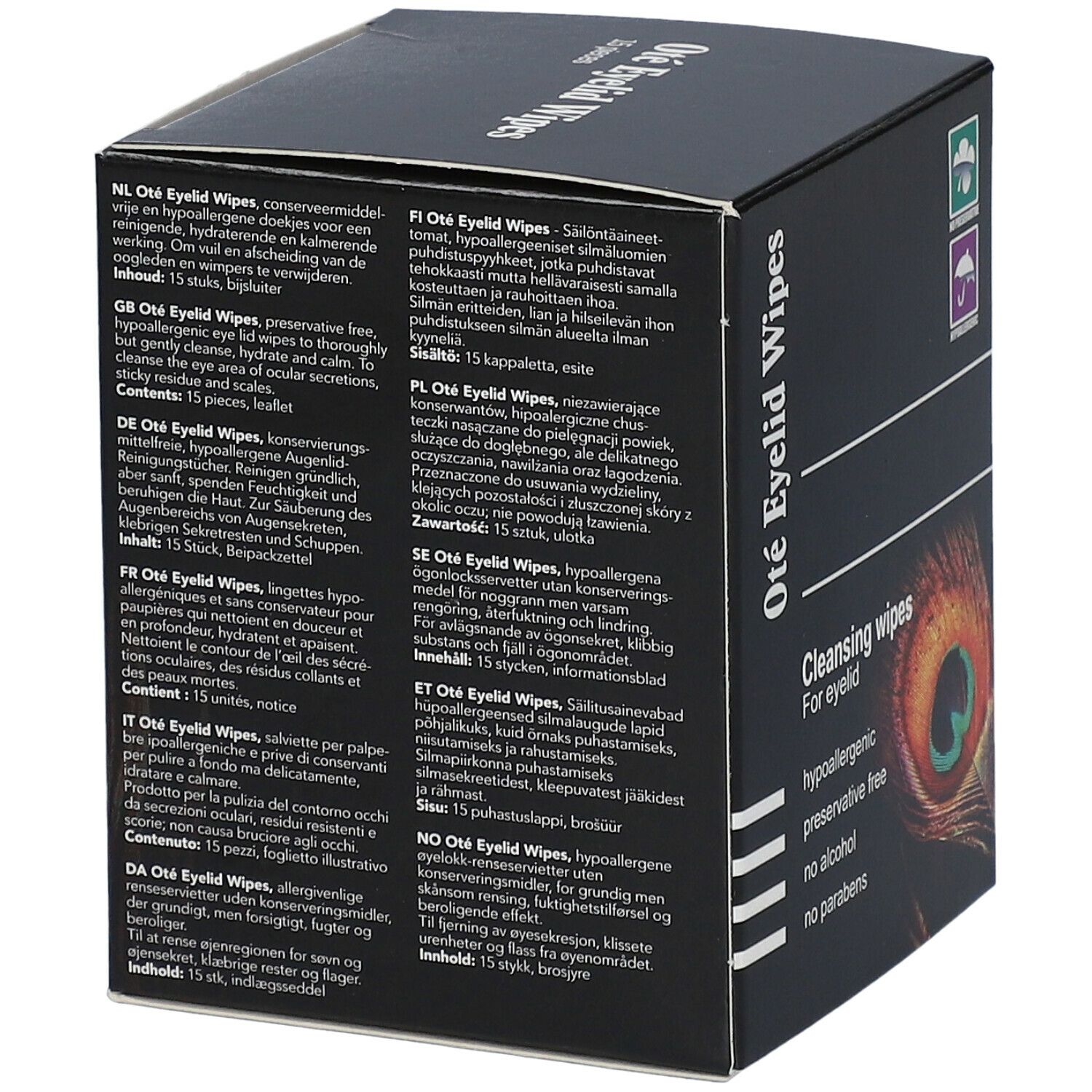 Emballage "Oté Eyelid Wipes" avec textes multilingues. Contient 15 lingettes. Logos: Sans conservateur, Hypoallergénique. Motif plume de paon.