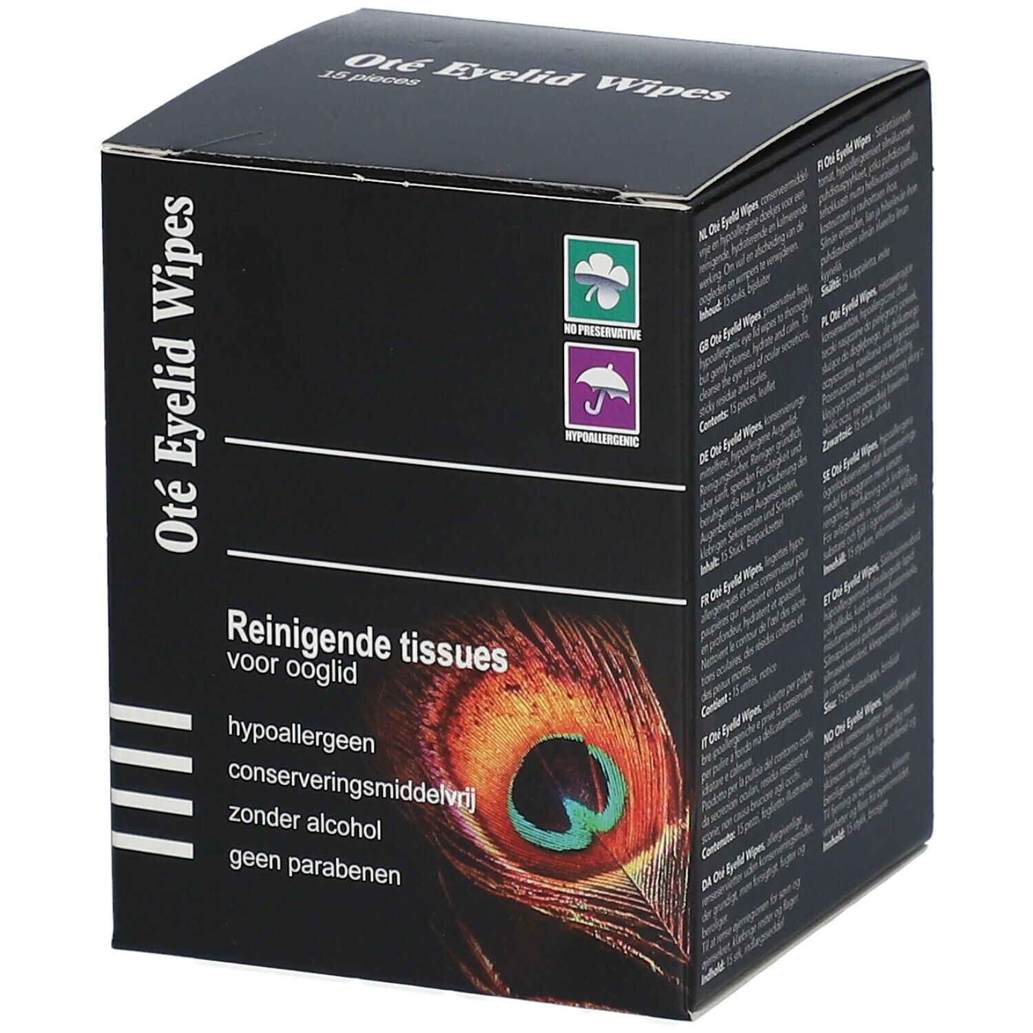 Emballage "Oté Eyelid Wipes". Texte: Lingettes nettoyantes pour paupières. Logos: Hypoallergénique, sans conservateur, sans alcool, sans parabènes.