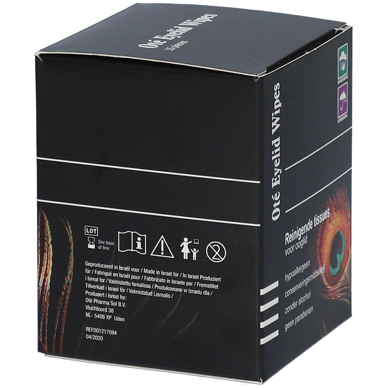 Boîte noire "Oté Eyelid Wipes". Texte: Lingettes nettoyantes pour paupières. Logos: Sans conservateur, Hypoallergénique. Motif plume de paon.
