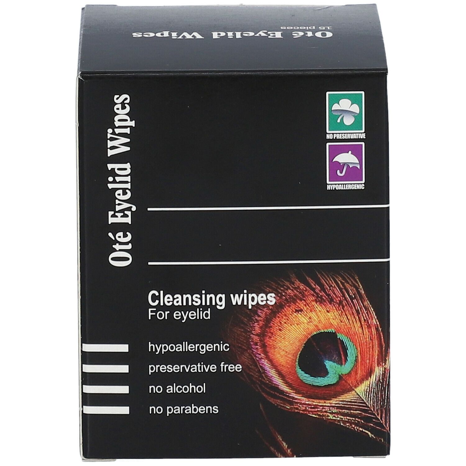 Boîte noire "Oté Eyelid Wipes". Texte: Cleansing wipes for eyelid. Logos: Sans conservateur, Hypoallergénique. Motif plume de paon.