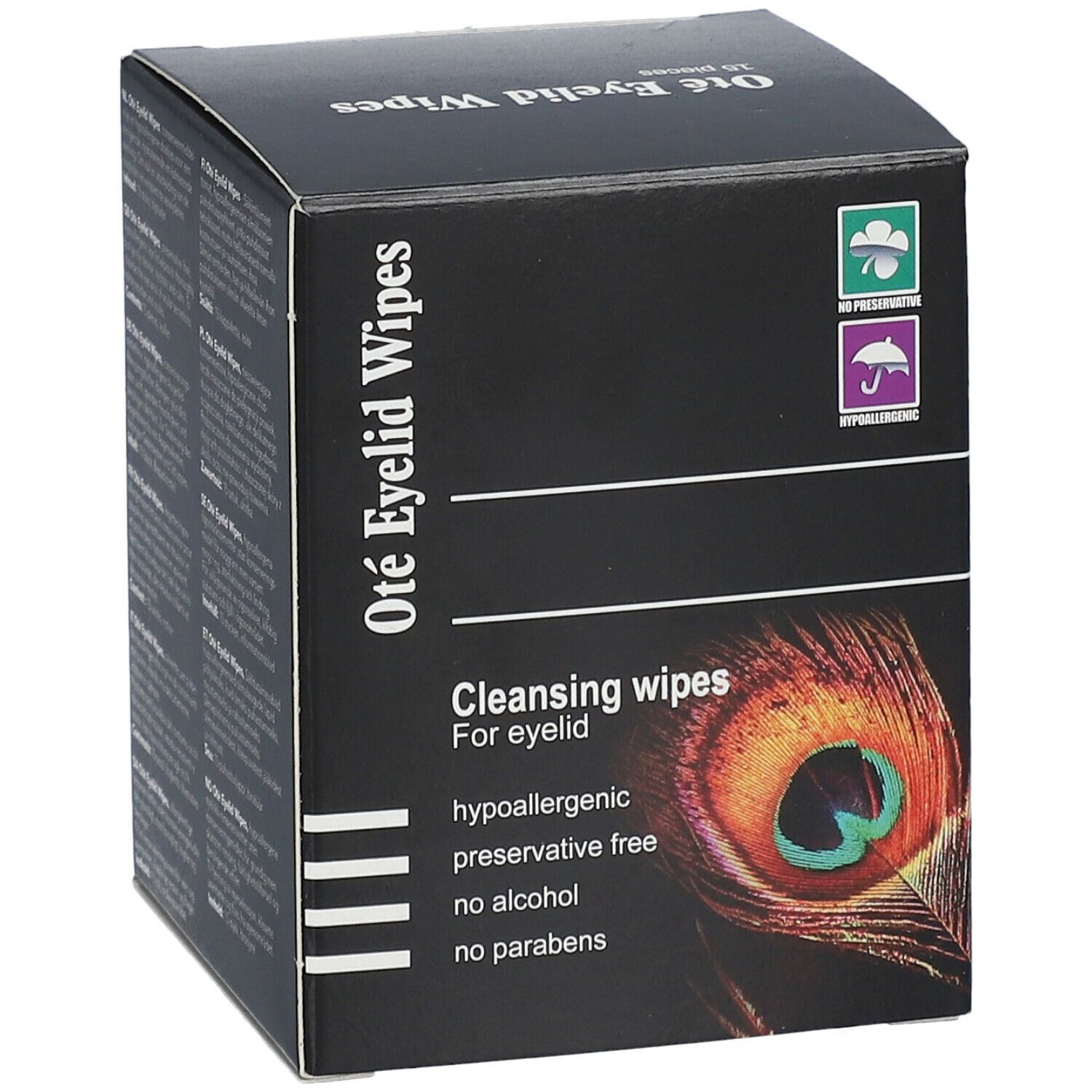 Boîte noire "Oté Eyelid Wipes". Texte: Cleansing wipes for eyelid. Logos: Sans conservateur, Hypoallergénique. Motif plume de paon.