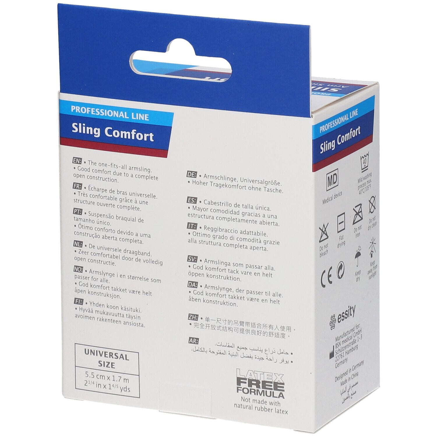 Rückseite der Actimove Sling Comfort Verpackung. Text in mehreren Sprachen. Größe: 5,5 cm x 1,7 m. Latexfrei.