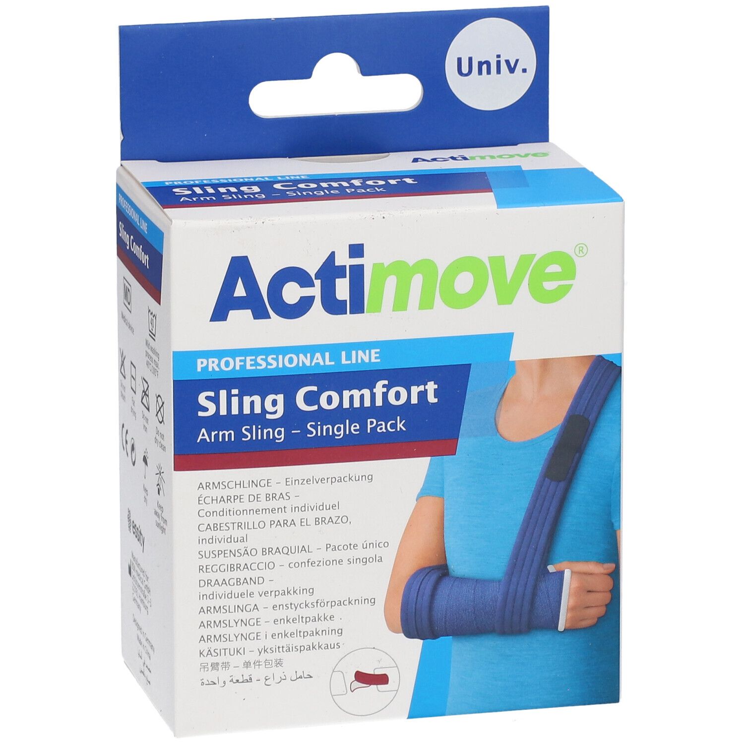 Actimove Sling Comfort Verpackung. Blauer Arm Sling, Einzelpackung. Produktabbildung. Weißer Karton mit blauen und grünen Akzenten.