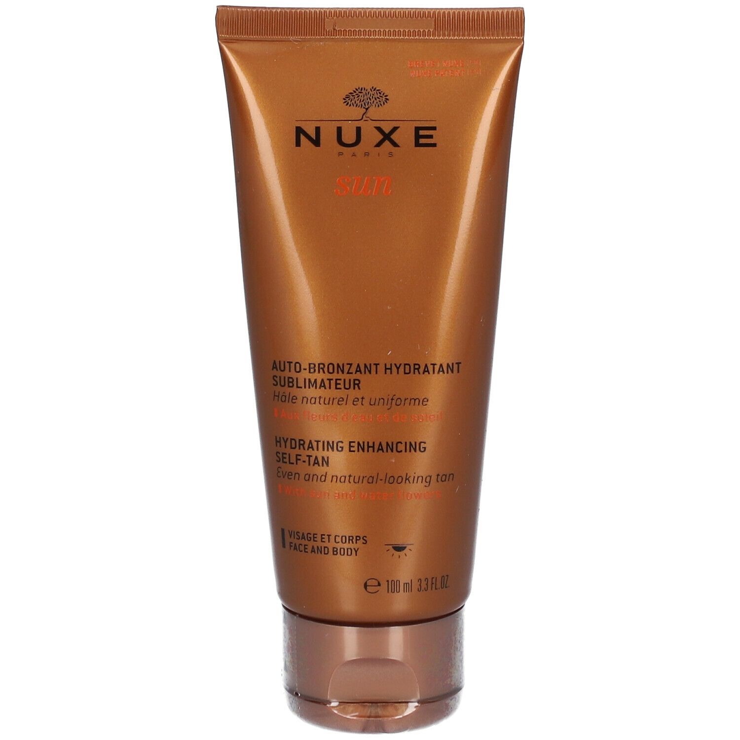 Tube de crème autobronzante NUXE Sun. Inscription "Auto-Bronzant Hydratant" et "Hydrating Enhancing Self-Tan".