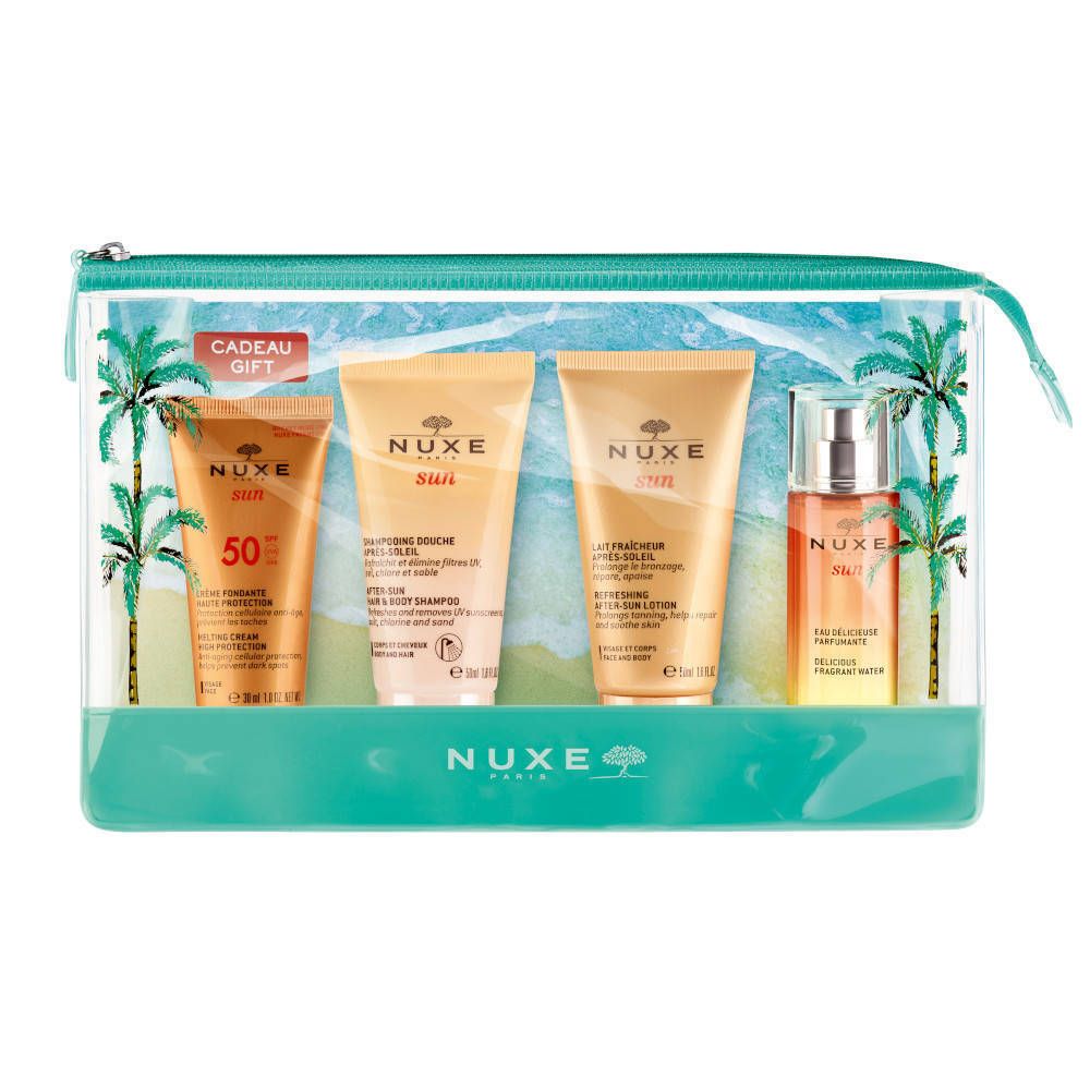 Trousse transparente avec produits solaires. Contient crème solaire, shampooing, lait après-soleil et huile. Marque Nuxe Sun.