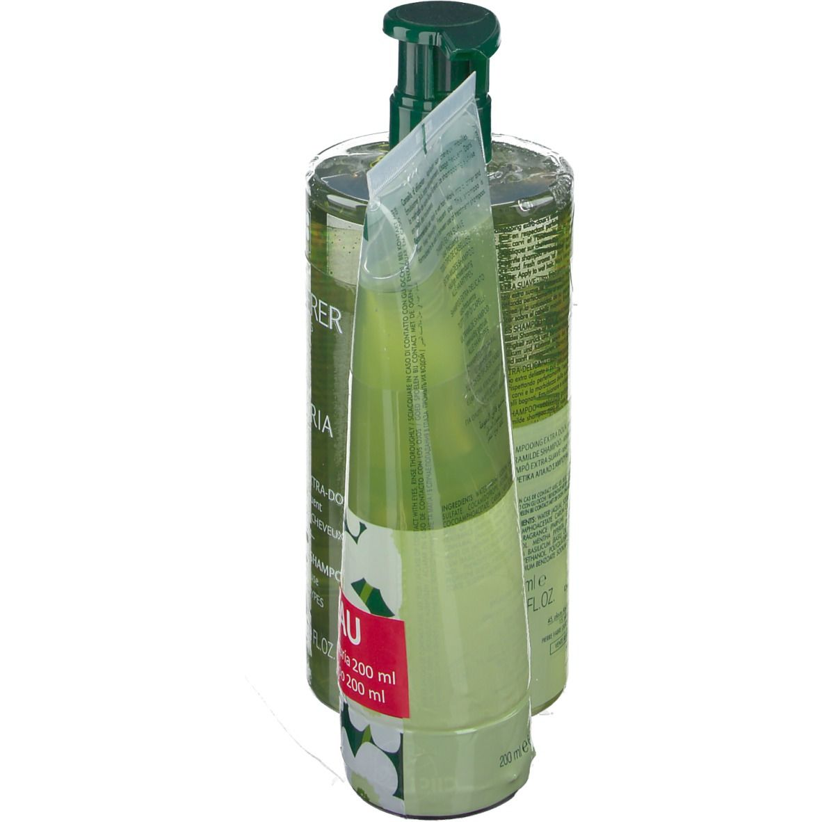 Zwei Flaschen. Eine große Flasche mit grünem Deckel und Etikett. Eine Tube mit rotem Aufkleber. Text: FURTERER NATURIA.