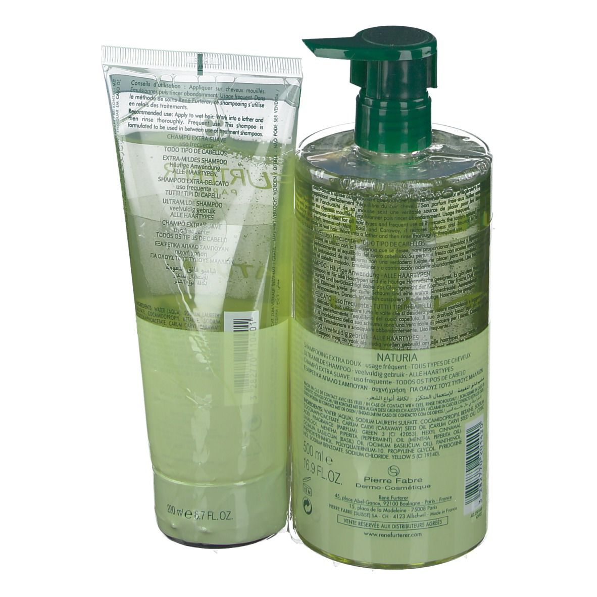 Zwei Flaschen. Eine große Flasche mit grünem Deckel und Etikett. Eine Tube mit rotem Aufkleber. Text: FURTERER NATURIA.