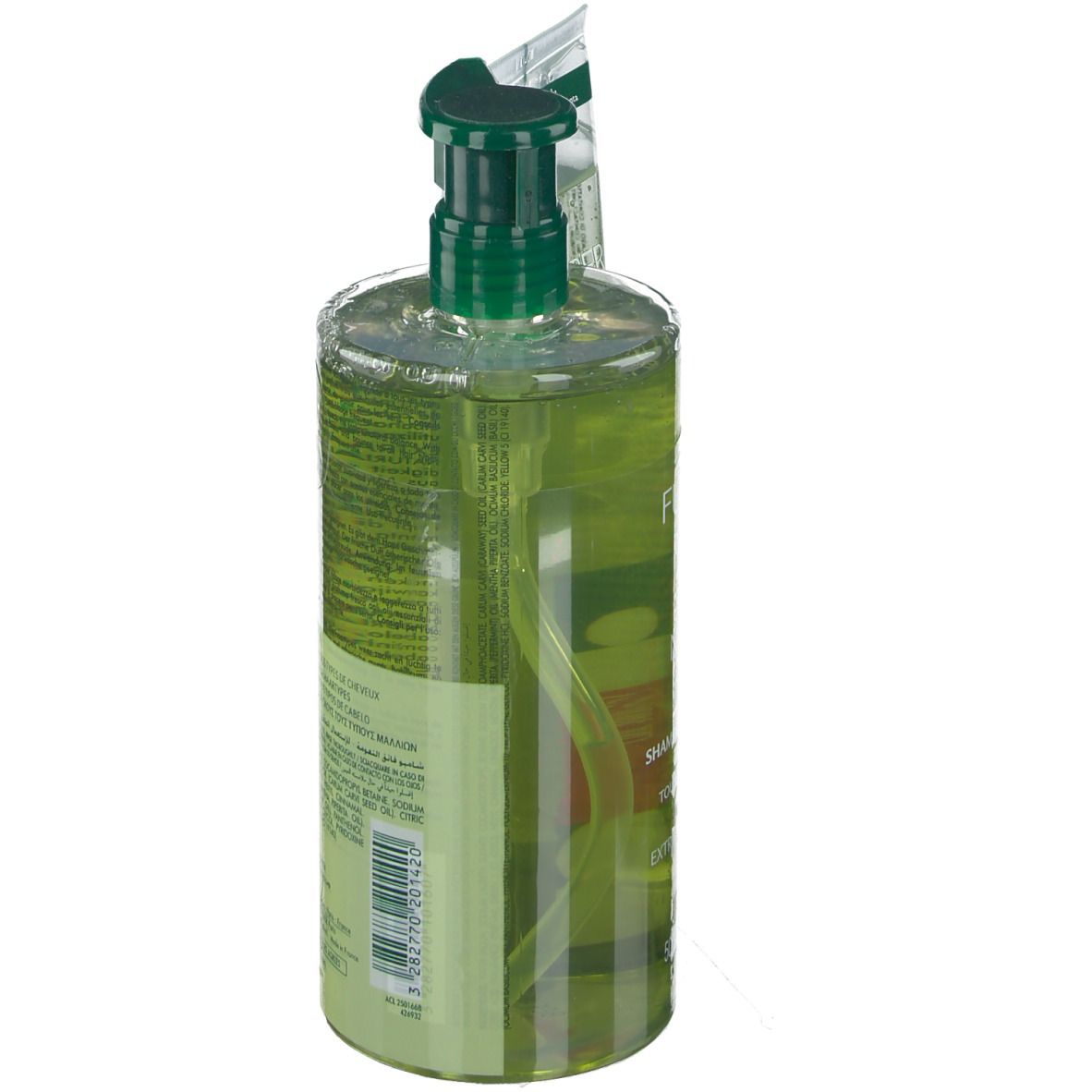 Eine Flasche mit grünem Deckel und Etikett. Text: FURTERER NATURIA. Transparente Verpackung.