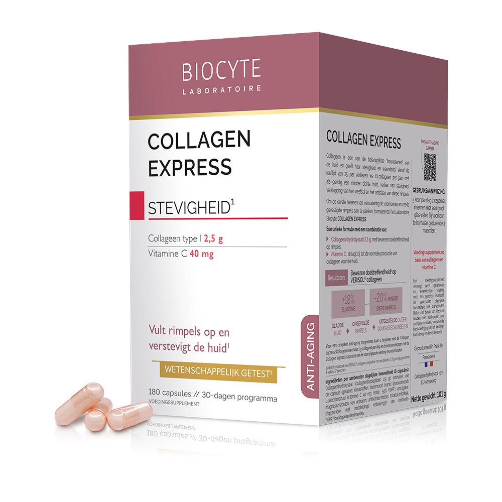 Boîte BIOCYTE Collagen Express. Gélules à côté. Texte: Collagen Express, Stevigheid, Anti-Âge.
