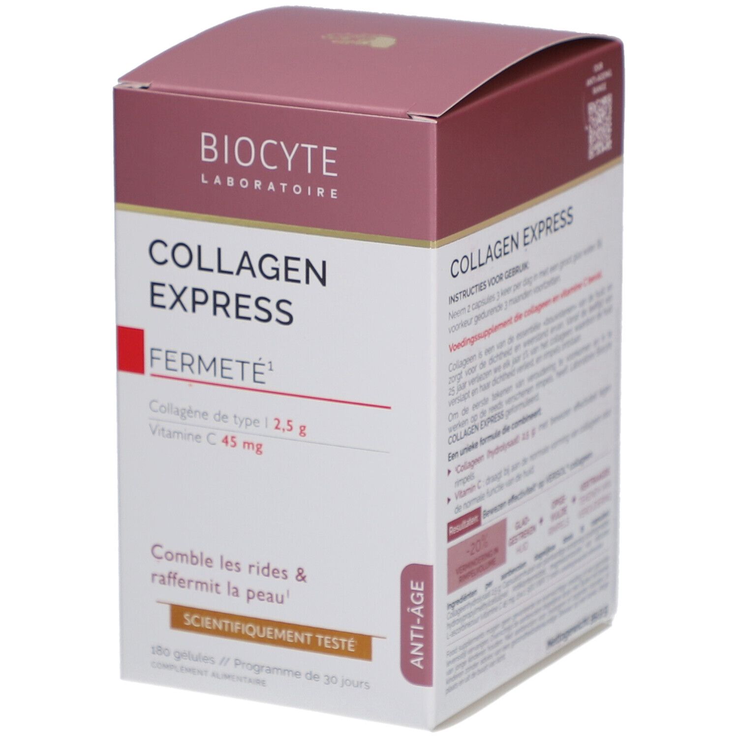 Verpackung mit BIOCYTE Collagen Express. Weiß, rosa und rot. Text: Collagen Express, Fermeté, Vitamin C.