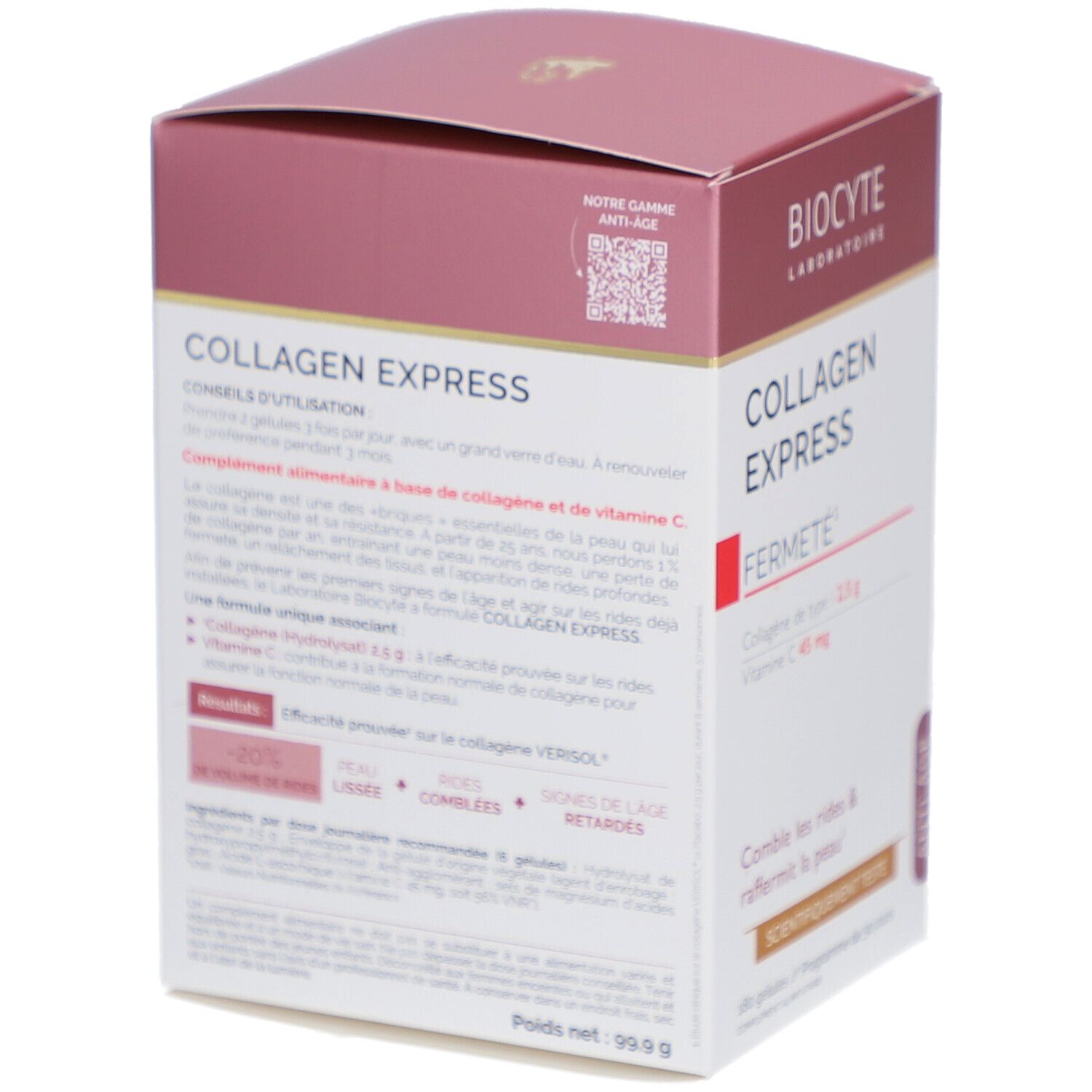 Verpackung BIOCYTE Collagen Express. Weiß, rosa und rot. Text: Collagen Express, Fermeté, Anti-Age.