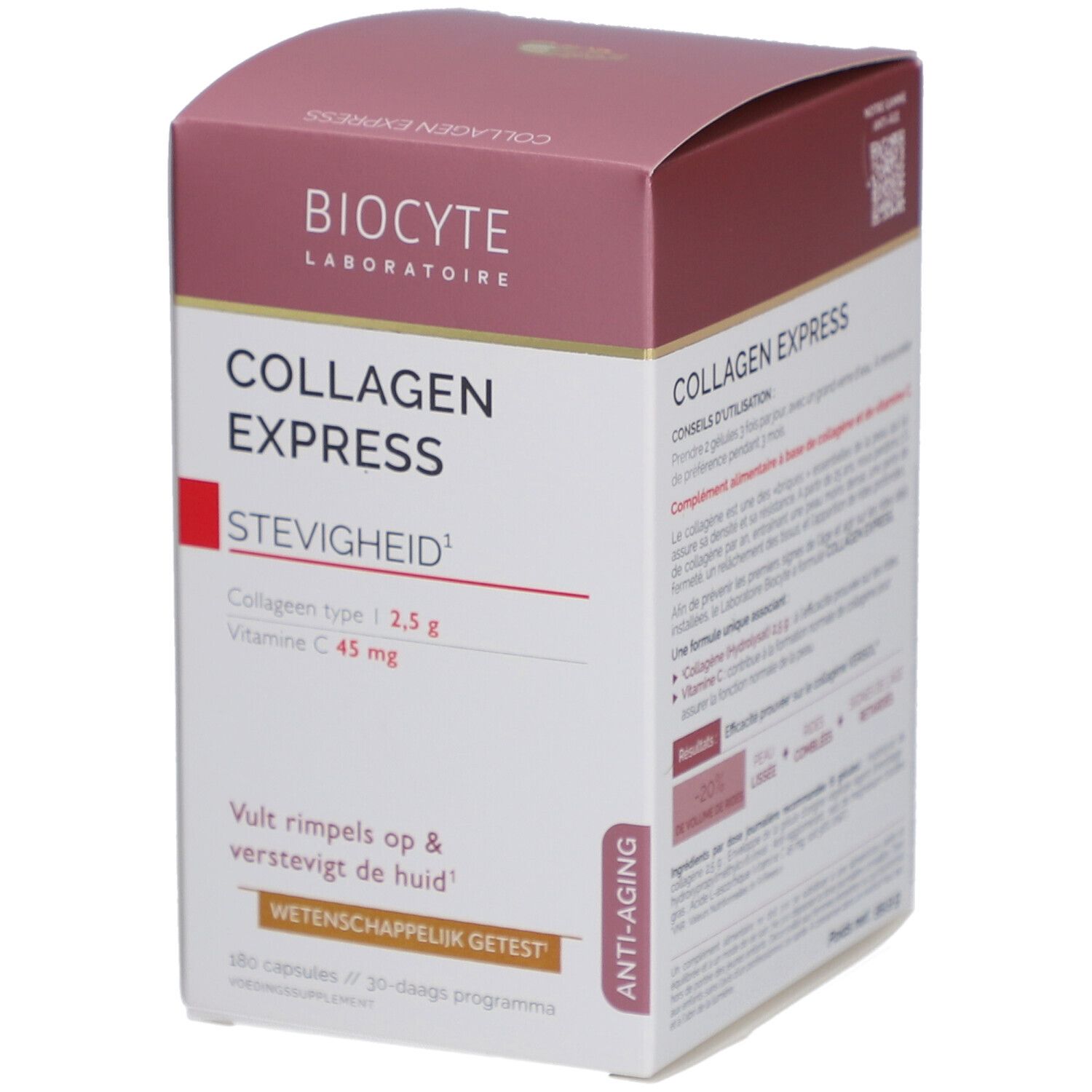 Verpackung BIOCYTE Collagen Express. Weiß, rosa und rot. Text: Collagen Express, Stevigheid, Vitamin C.