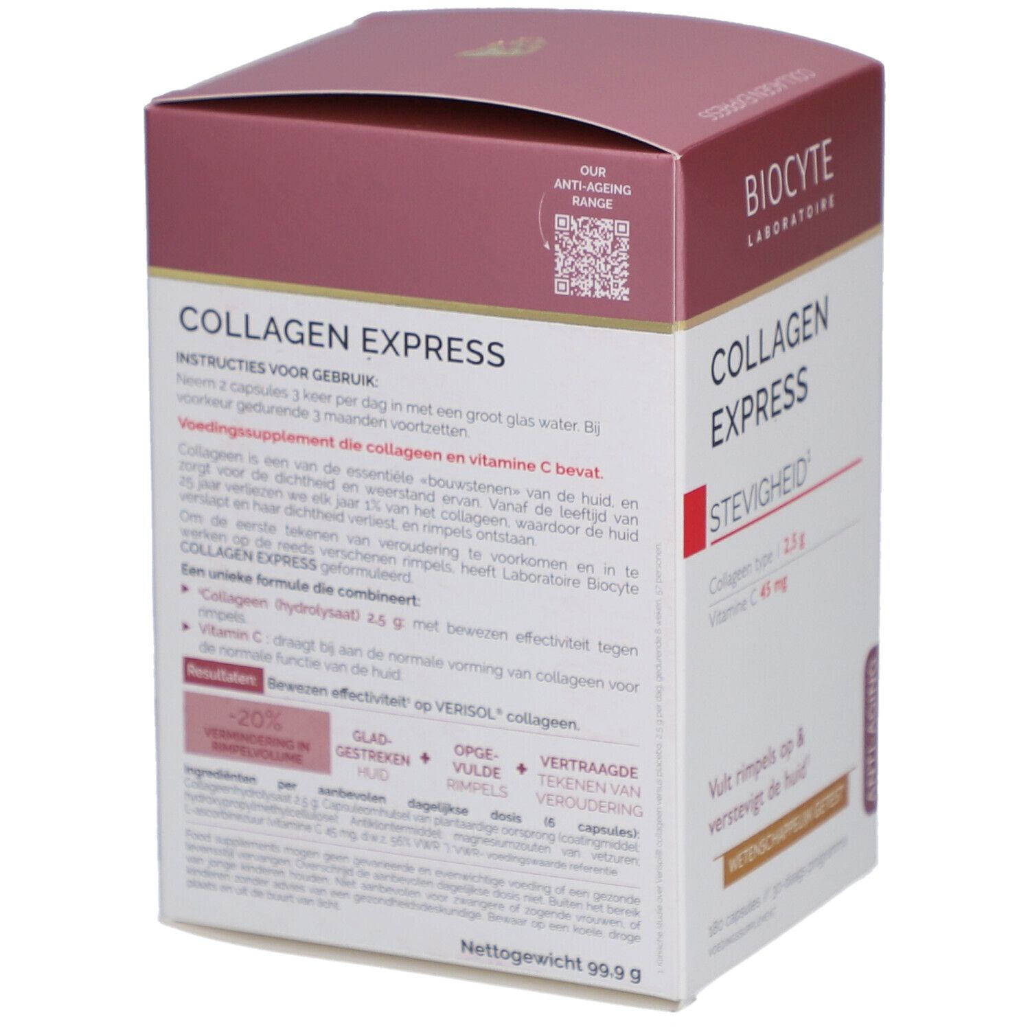 Verpackung BIOCYTE Collagen Express. Weiß, rosa und rot. Text: Collagen Express, Stevigheid, Anti-Aging.
