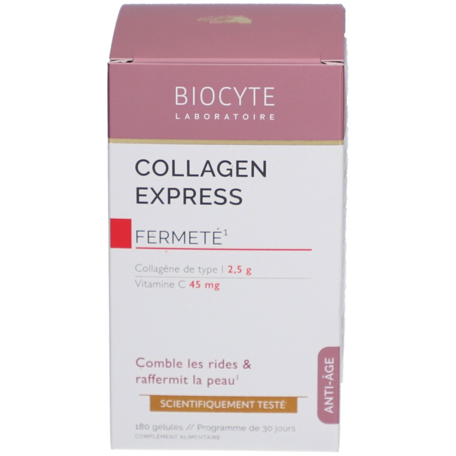 Verpackung BIOCYTE Collagen Express. Weiß, rosa und rot. Text: Collagen Express, Fermeté, Anti-Age.