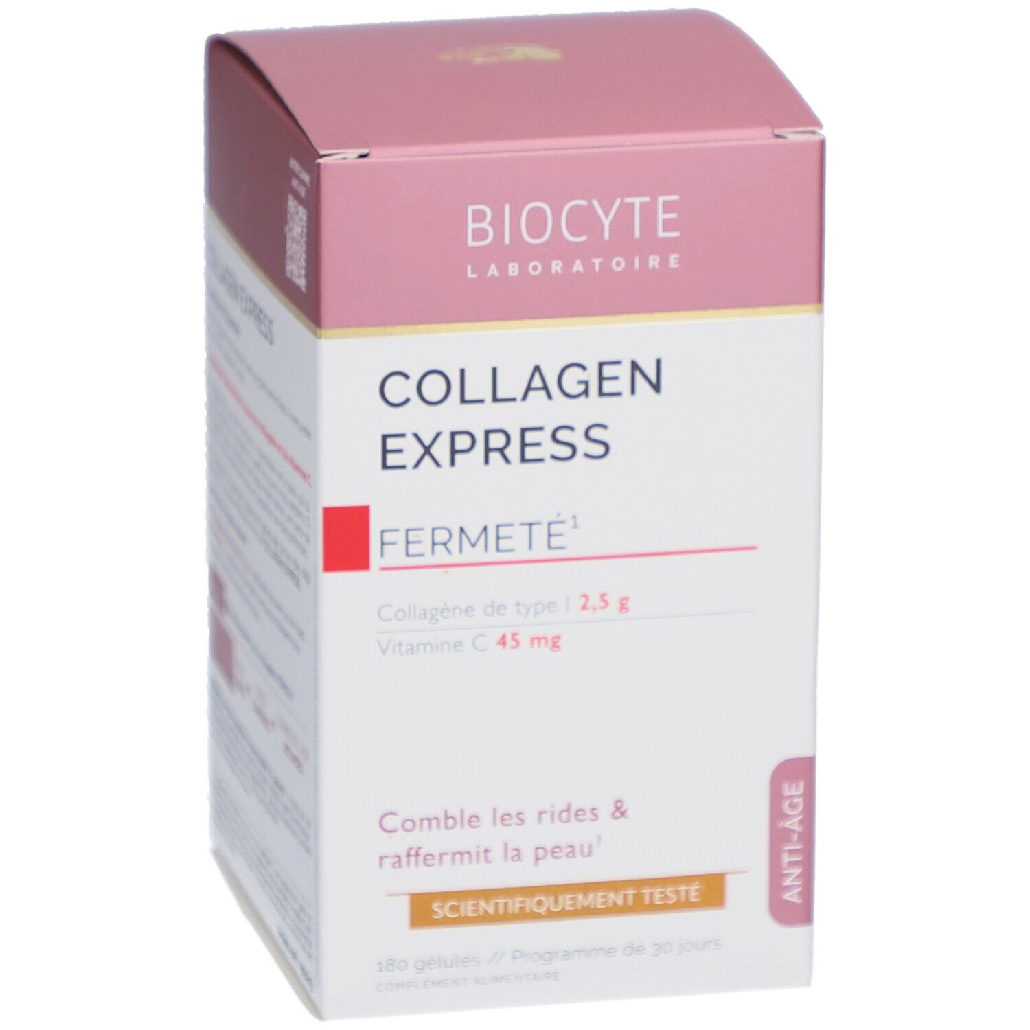 Verpackung BIOCYTE Collagen Express. Weiß, rosa und rot. Text: Collagen Express, Fermeté, Anti-Age.