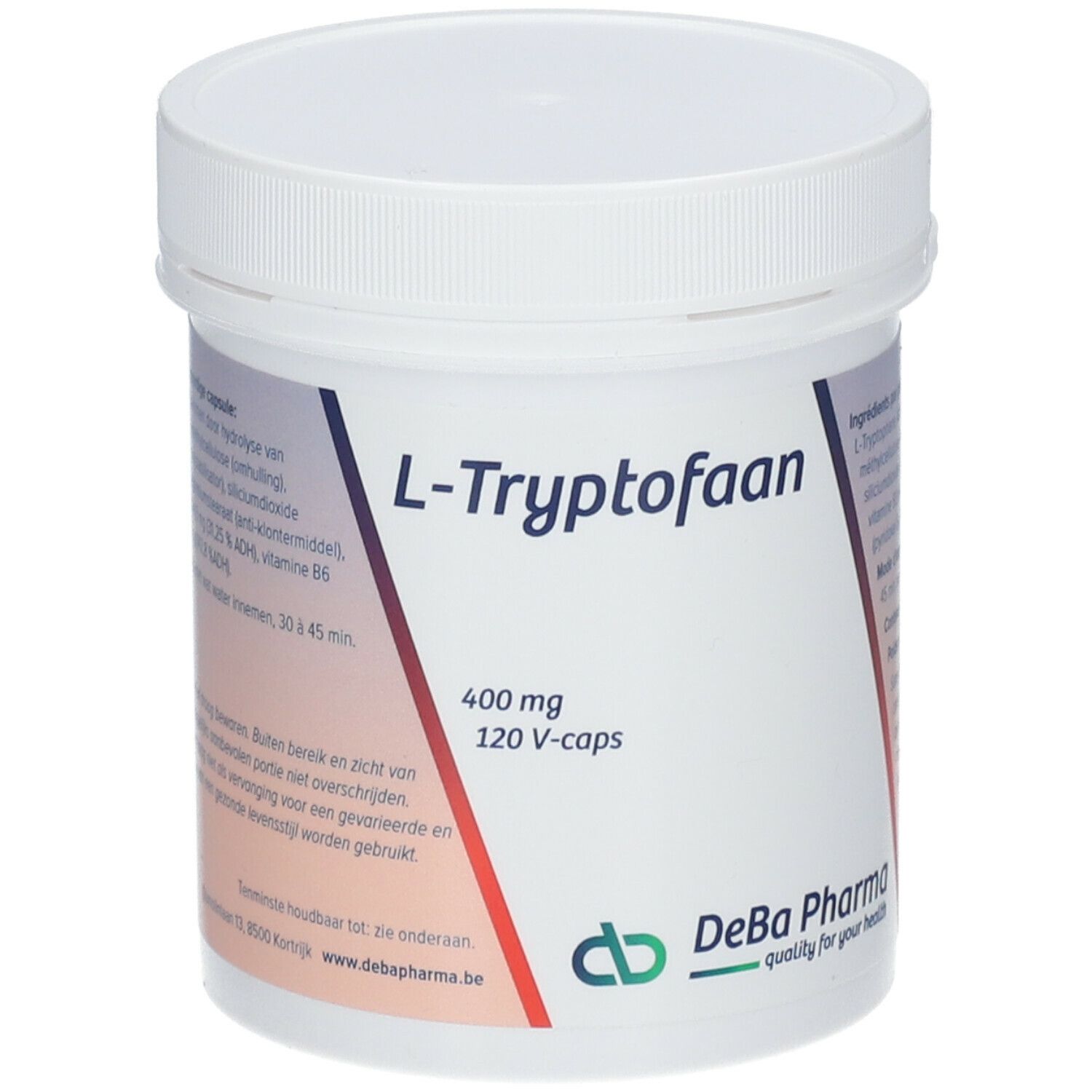 Pot blanc avec couvercle. Inscription : L-Tryptofaan 400 mg, 120 V-caps. Logo DeBa Pharma.