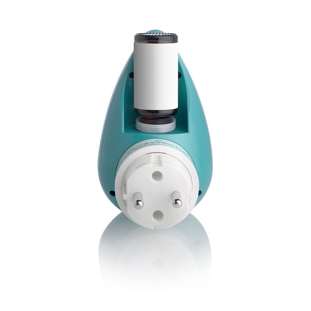 Türkisfarbener Diffusor mit Stecker. Oben: Behälter für Duftöl. Marke: Puressentiel. Unten: Stecker.