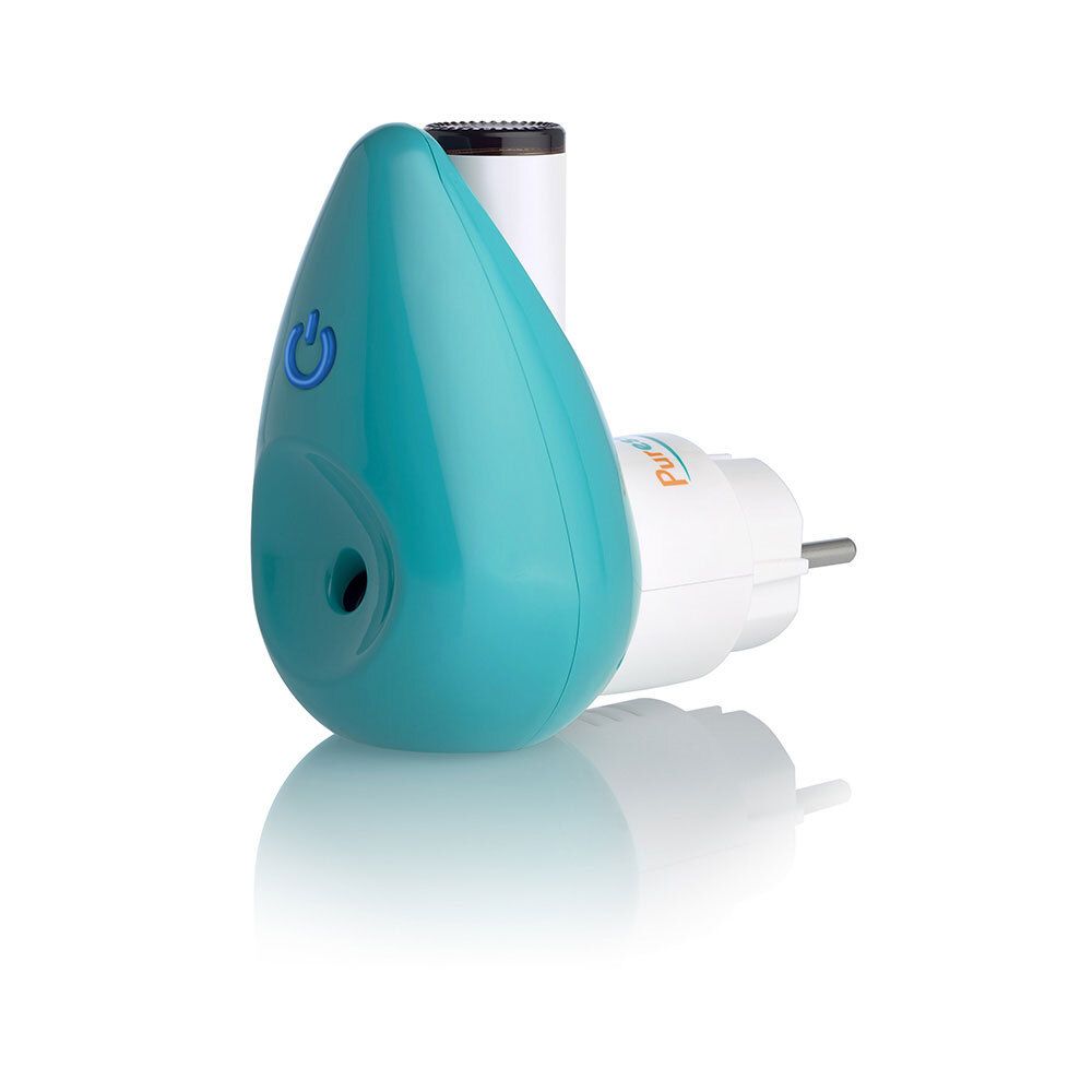 Türkisfarbener Diffusor mit Stecker. Oben: Behälter für Duftöl. Marke: Puressentiel. Unten: Stecker.