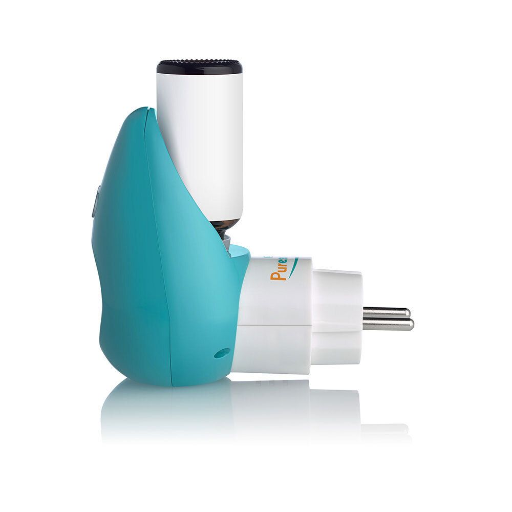 Türkisfarbener Diffusor mit Stecker. Oben: Behälter für Duftöl. Marke: Puressentiel. Unten: Stecker.