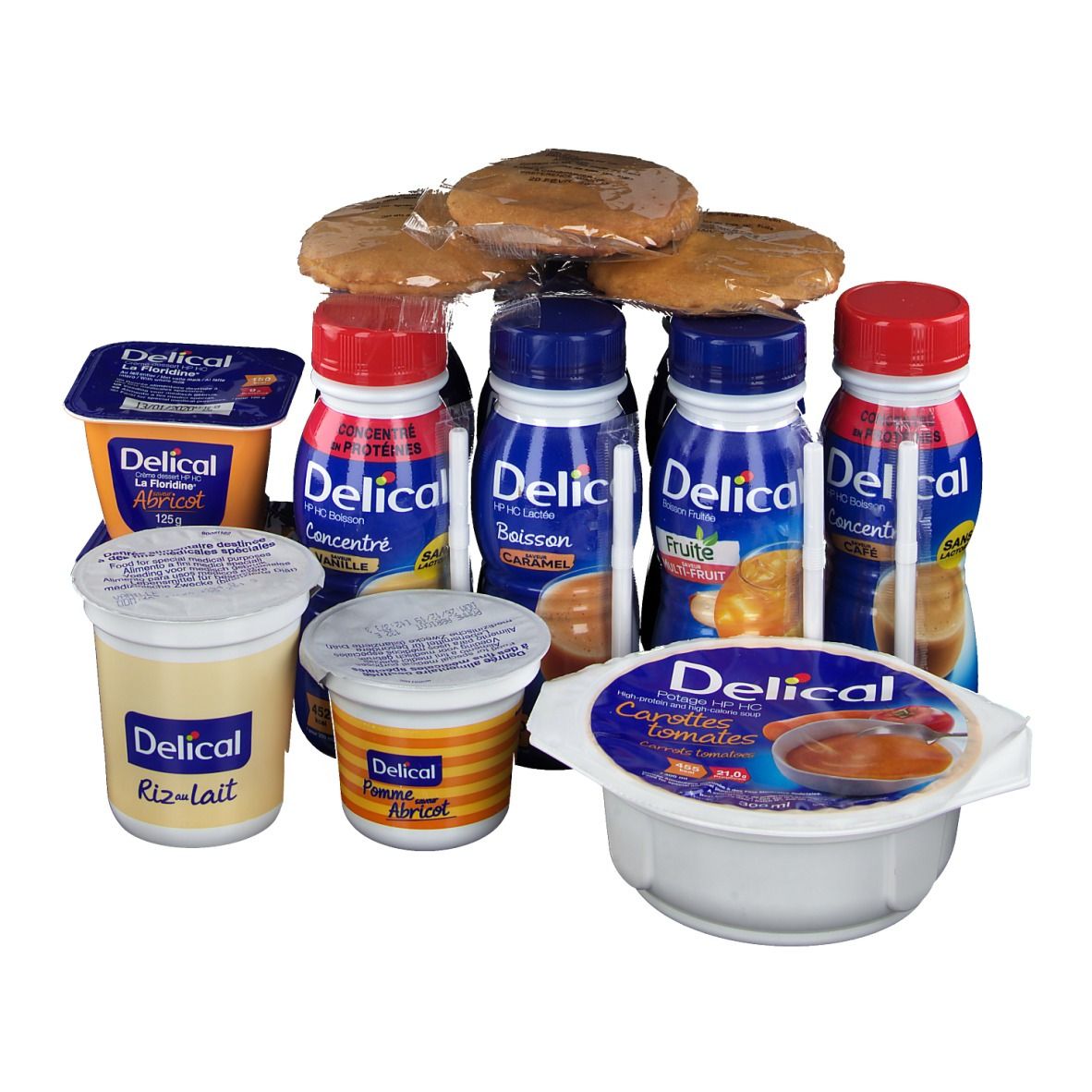 Assortiment de produits Delical : bouteilles, yaourts, biscuits. Présentation en coffret.