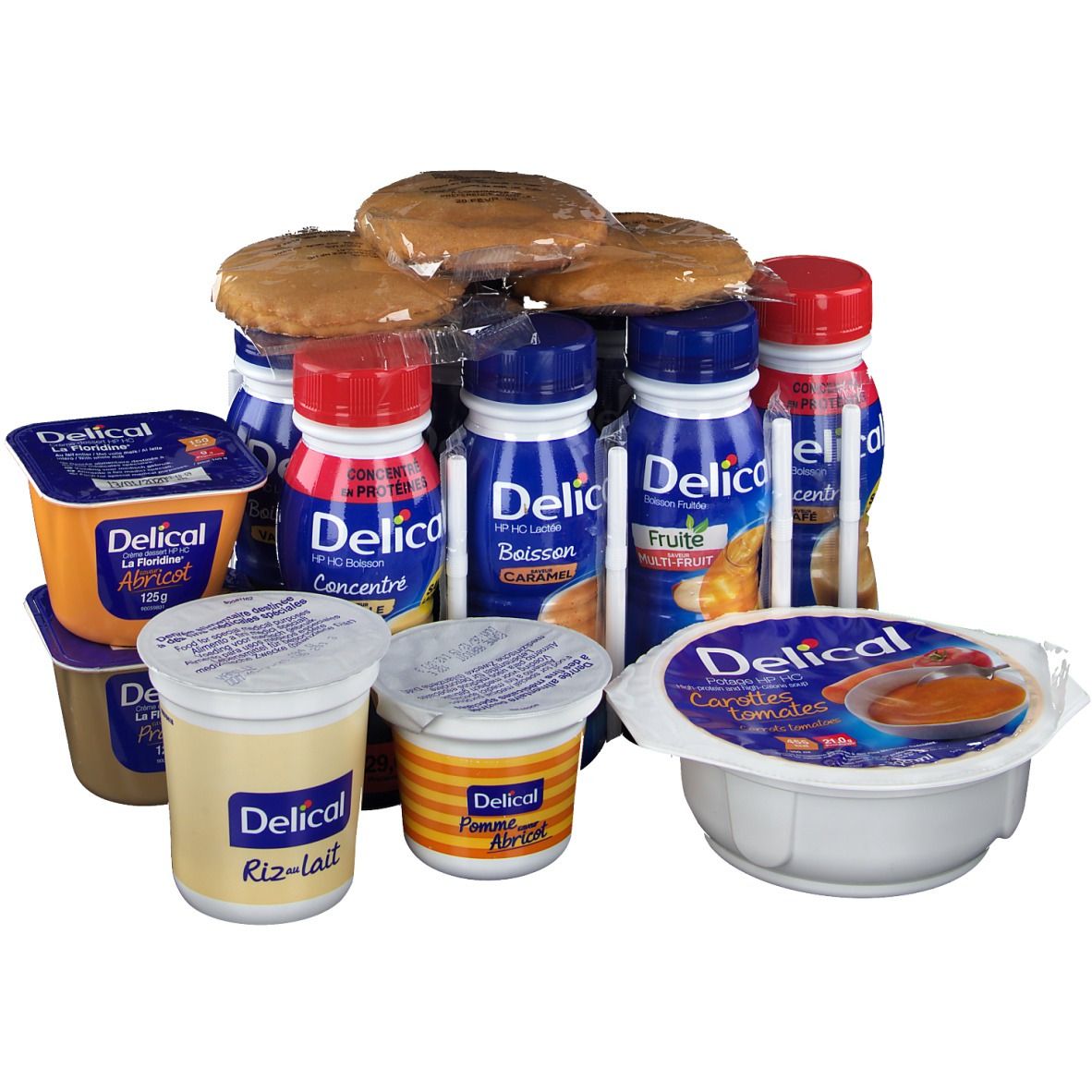 Produits Delical : bouteilles, yaourts, biscuits et un bol. Sur fond blanc.