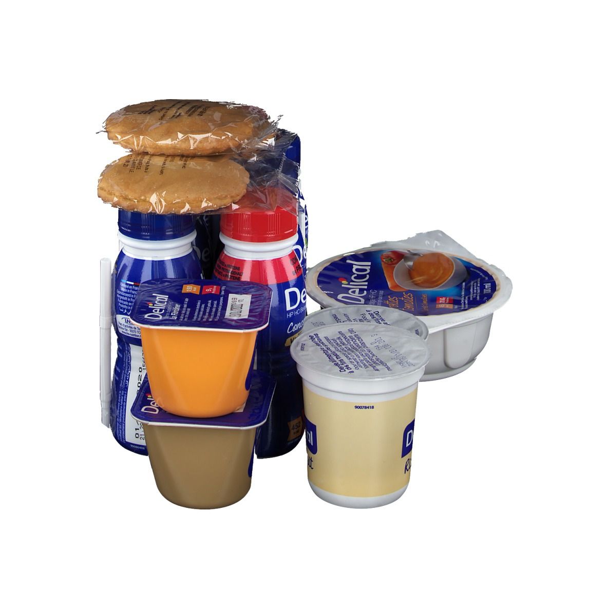 Produits Delical : bouteilles, yaourts, biscuits et un bol. Sur fond blanc.