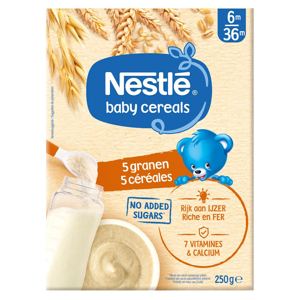 Boîte de céréales Nestlé Baby 5 céréales. Contient 5 céréales, sans sucres ajoutés. Avec fer, 7 vitamines et calcium.
