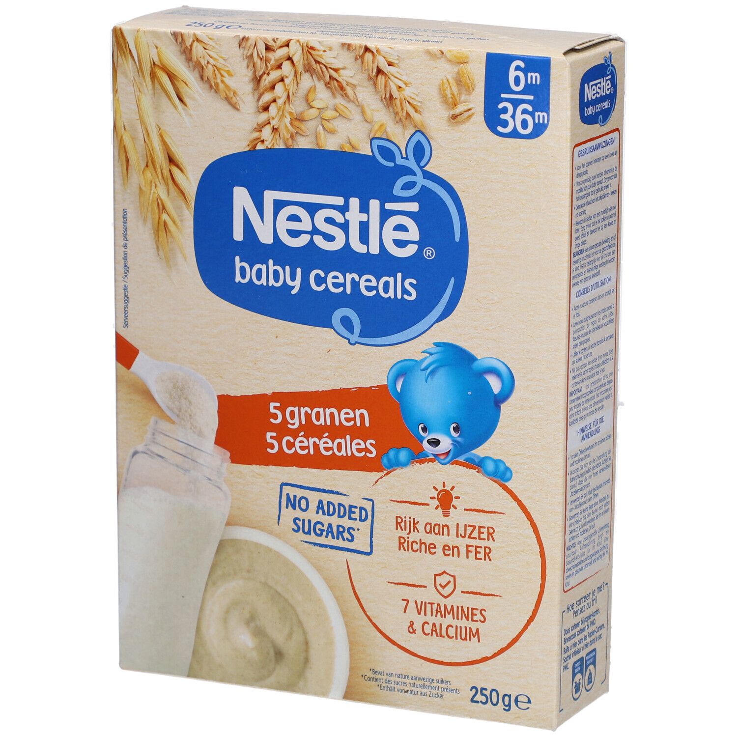 Boîte de céréales Nestlé Baby 5 céréales. Contient 5 céréales, sans sucres ajoutés. Avec fer, 7 vitamines et calcium.