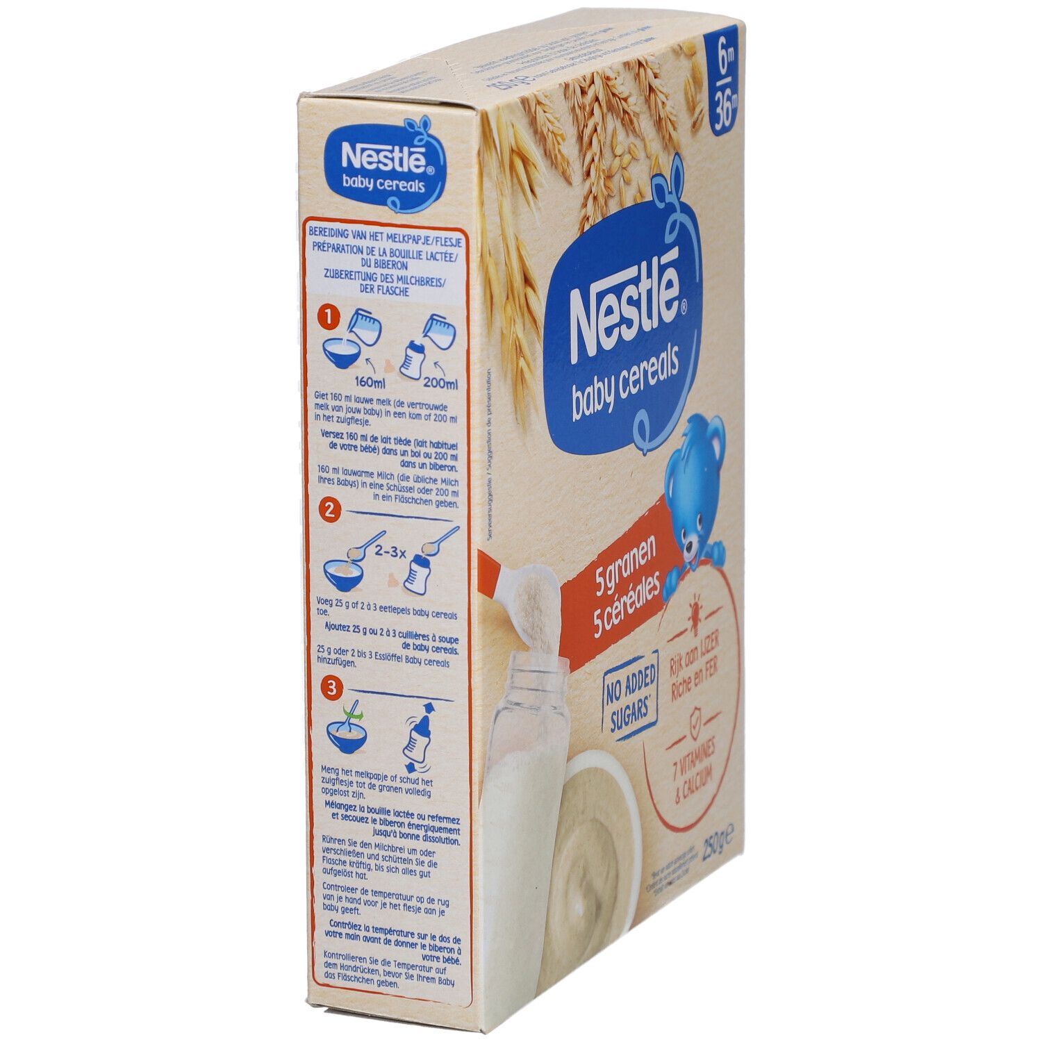 Vue latérale de la boîte Nestlé Baby 5 céréales. Contient 5 céréales, sans sucres ajoutés. Avec fer, 7 vitamines.