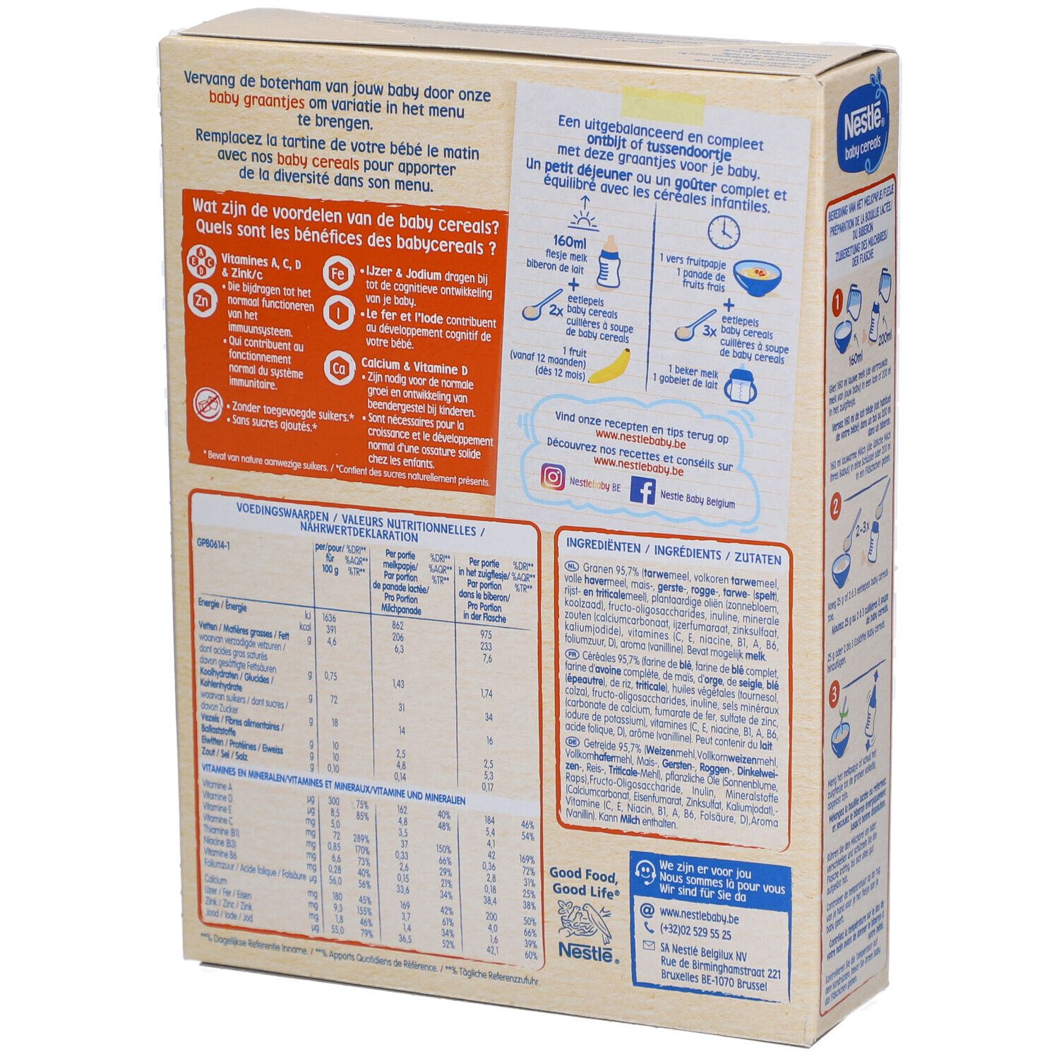 Dos de la boîte Nestlé Baby 5 céréales. Contient des informations nutritionnelles et des instructions de préparation.