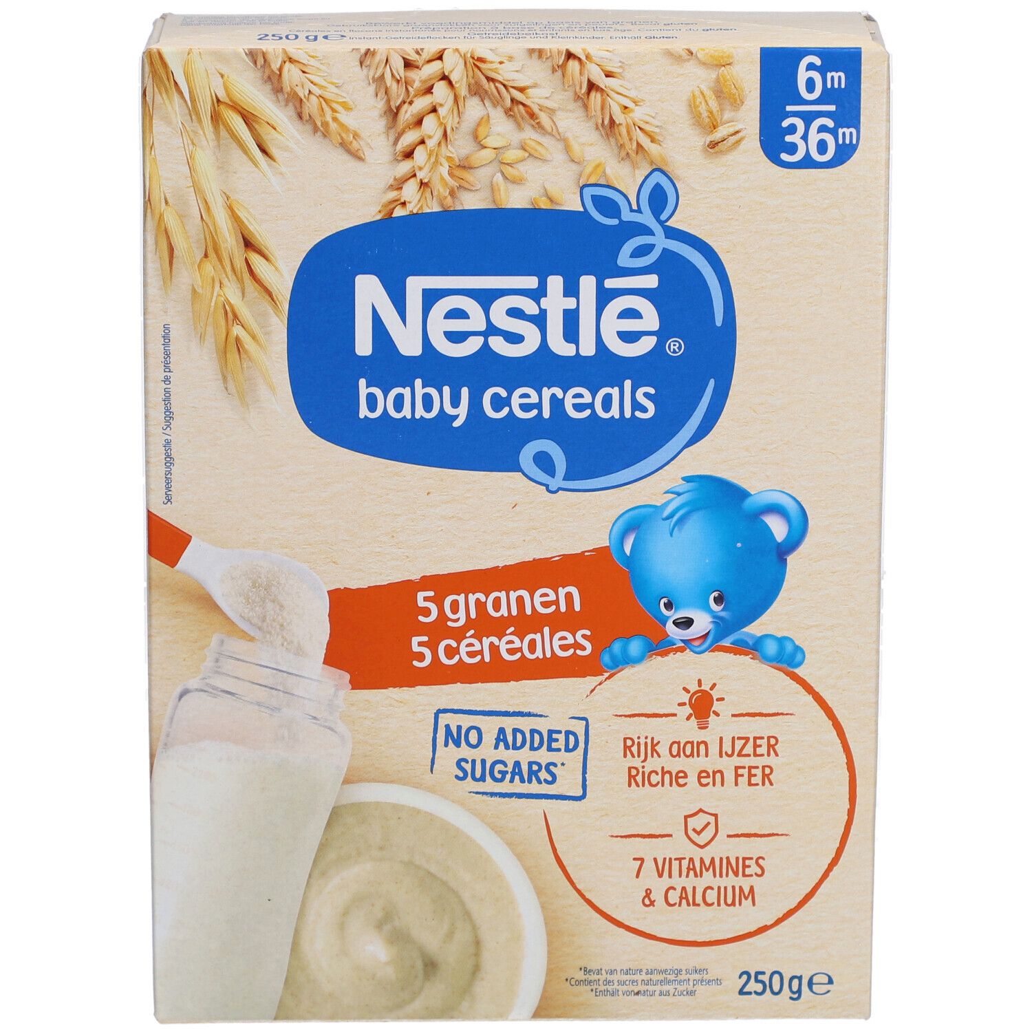 Boîte de céréales Nestlé Baby 5 céréales. Contient 5 céréales, sans sucres ajoutés. Avec fer, 7 vitamines et calcium.