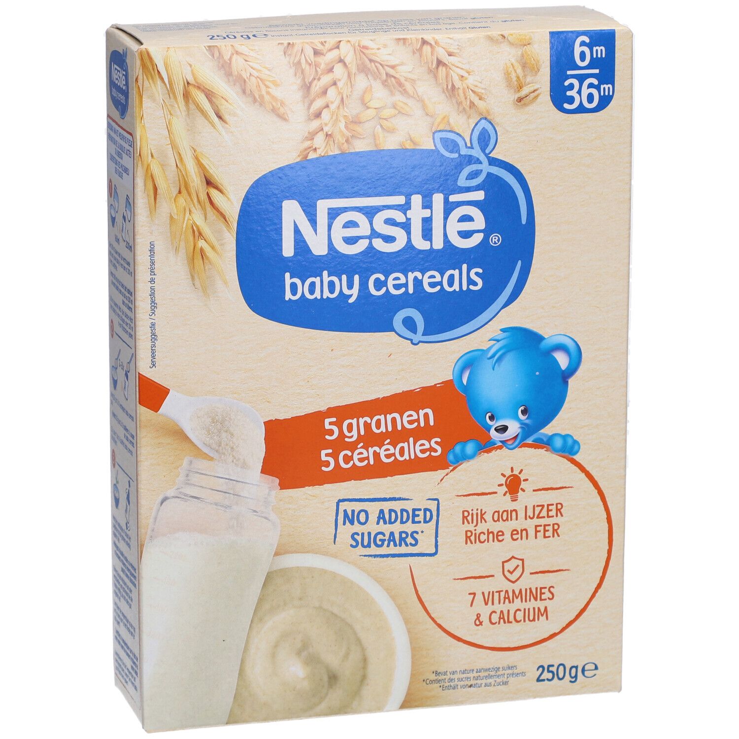 Boîte de céréales Nestlé Baby 5 céréales. Contient 5 céréales, sans sucres ajoutés. Avec fer, 7 vitamines et calcium.