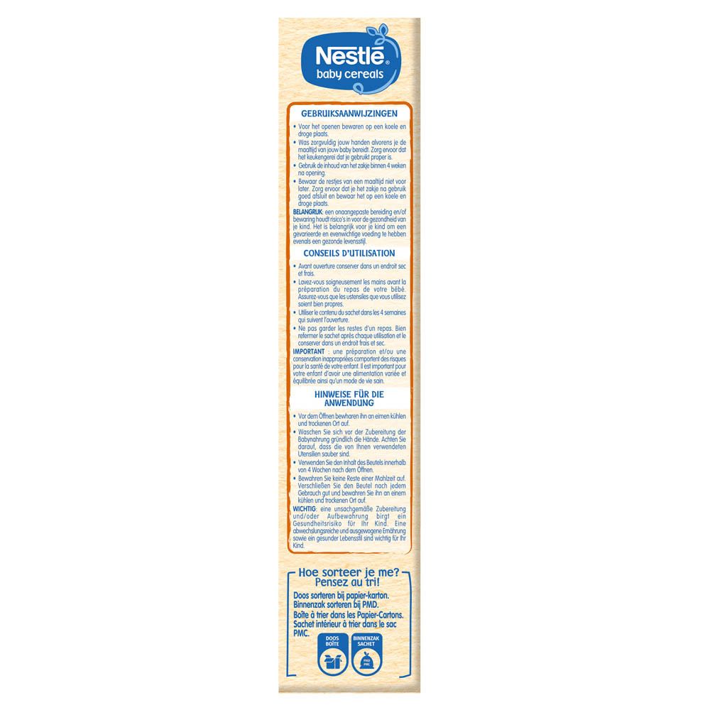 Boîte de céréales Nestlé Baby 5 céréales. Contient 5 céréales, sans sucres ajoutés. Avec fer, 7 vitamines et calcium.