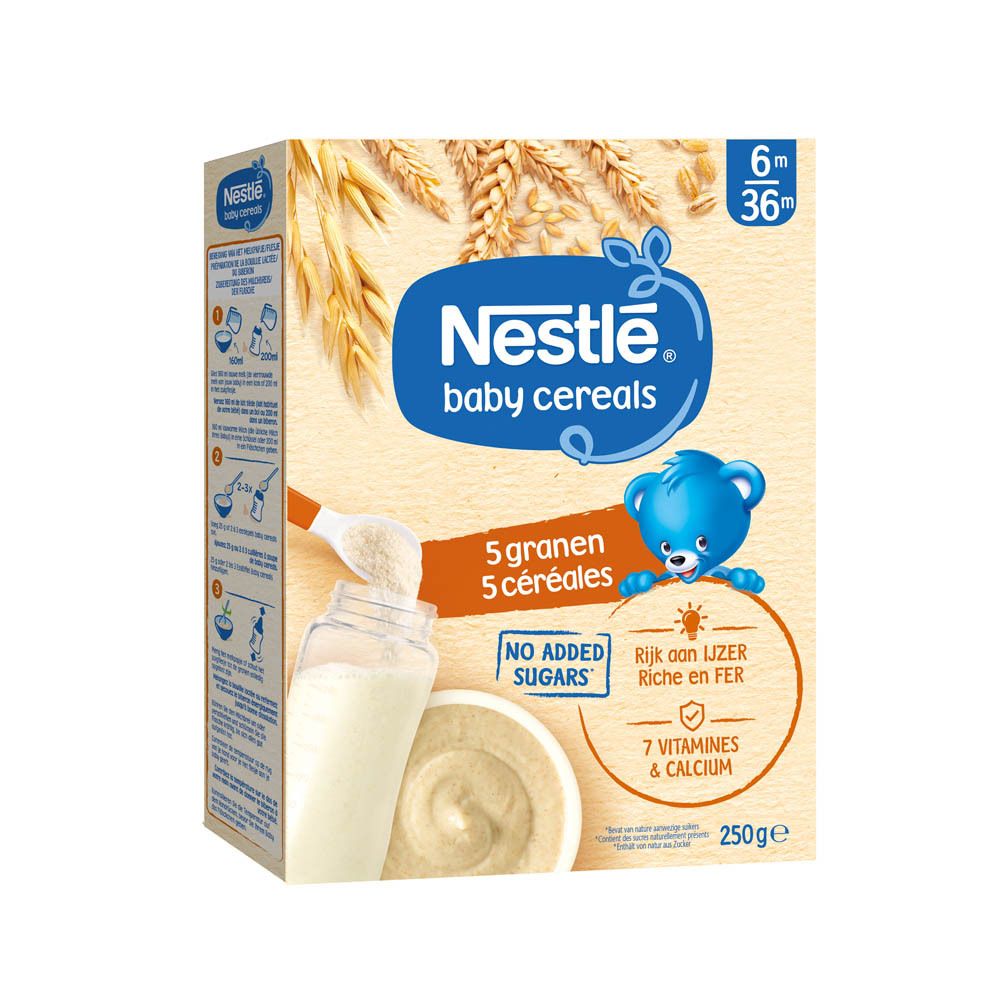 Boîte de céréales Nestlé Baby 5 céréales. Contient 5 céréales, sans sucres ajoutés. Avec fer, 7 vitamines et calcium.