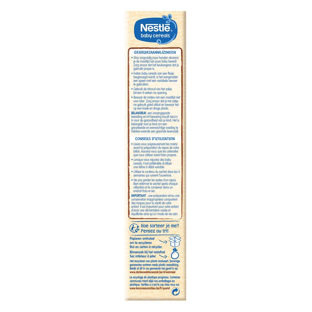 Zijkant van de Nestlé Baby Cerealien Kakao ab 8 Monaten verpakking. Bevat informatie over bereiding en verwijdering.