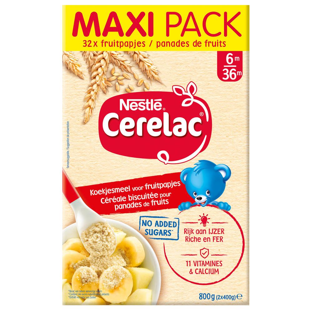 Nestlé Cerelac® biscuité pour panades de fruits. Face avant de l'emballage avec illustration du produit et logo.