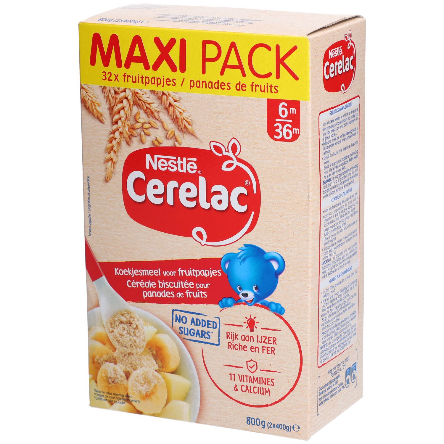 Nestlé Cerelac® biscuité pour panades de fruits. Maxi Pack. Boîte de 800g. Contient 11 vitamines et calcium. Sans sucres ajoutés.