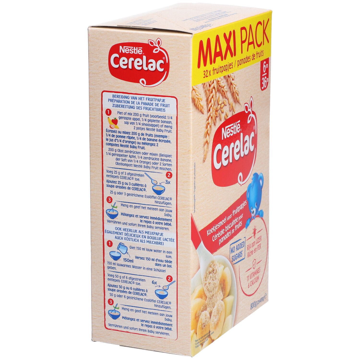 Nestlé Cerelac® biscuité pour panades de fruits. Verso de l'emballage avec instructions de préparation et informations nutritionnelles.